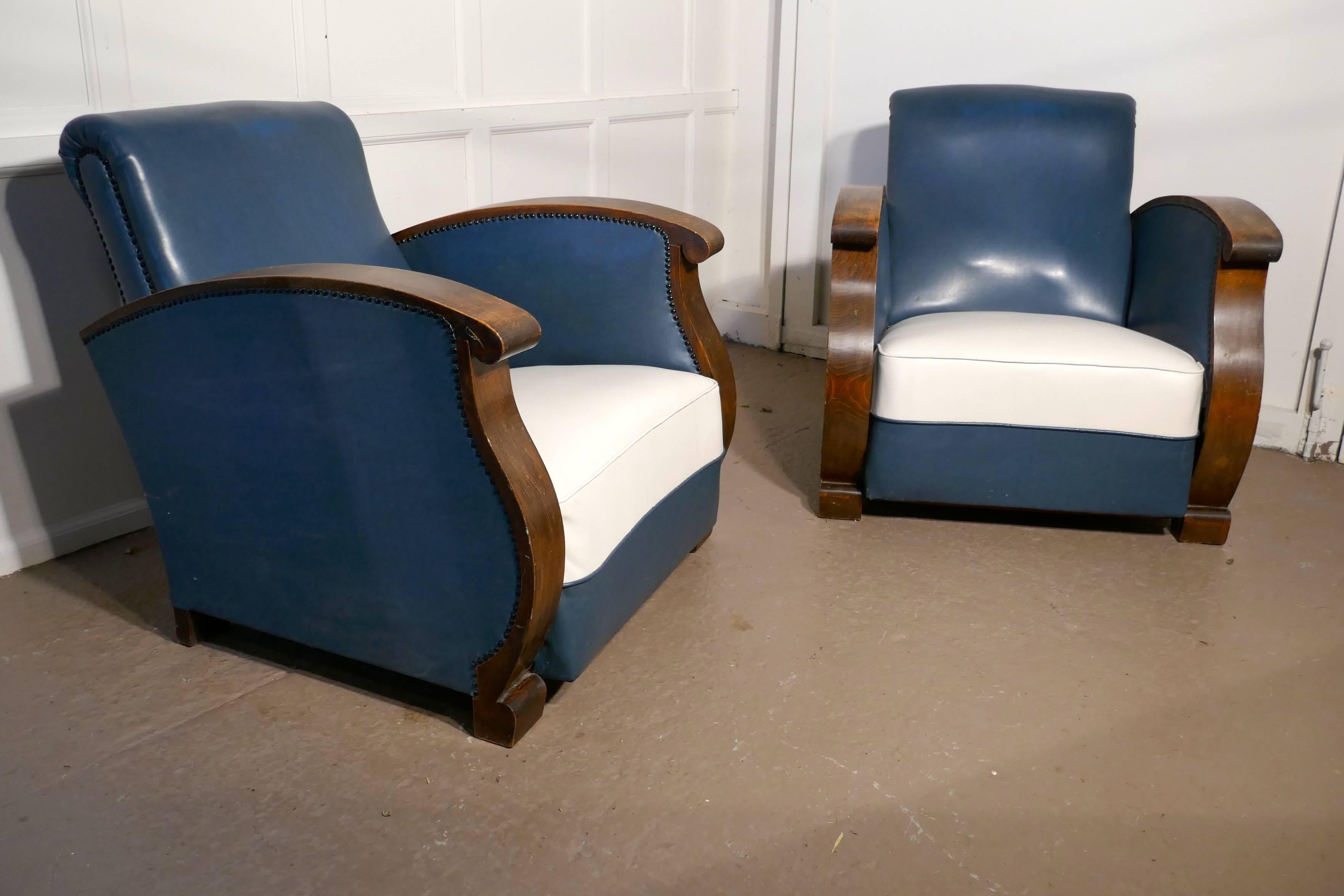 Stylish Pair of French Faux Leather Art Deco Club Armchairs with Walnut Armrest 3