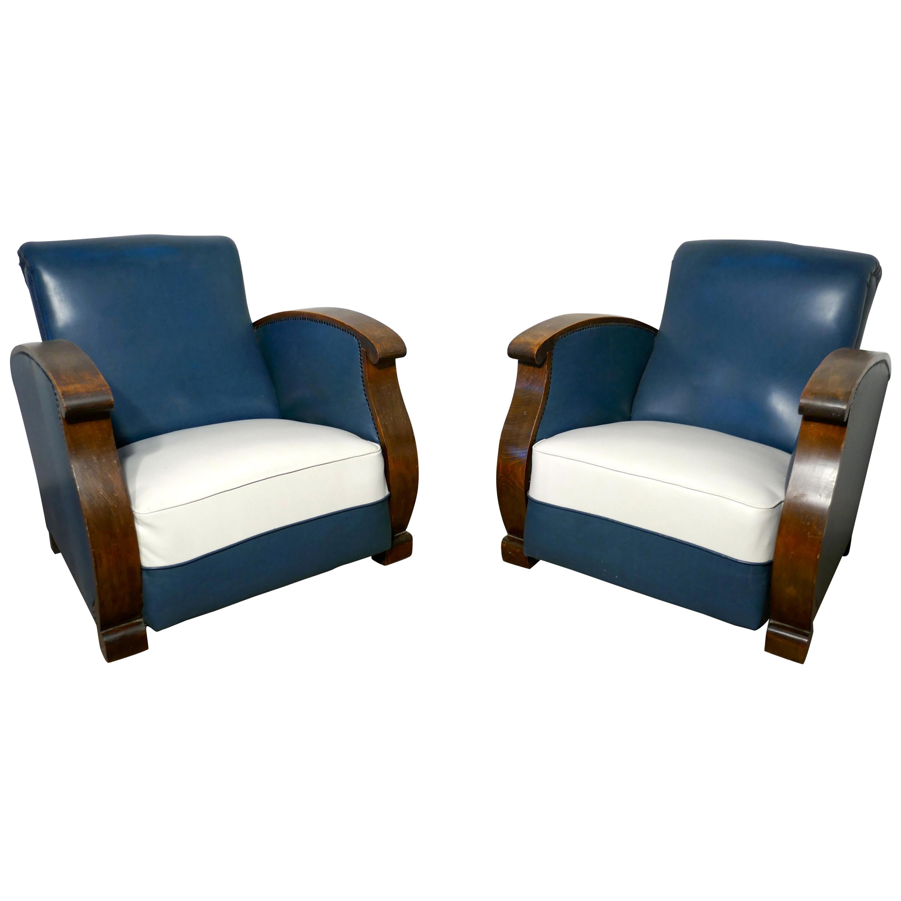 Stylish Pair of French Faux Leather Art Deco Club Armchairs with Walnut Armrest