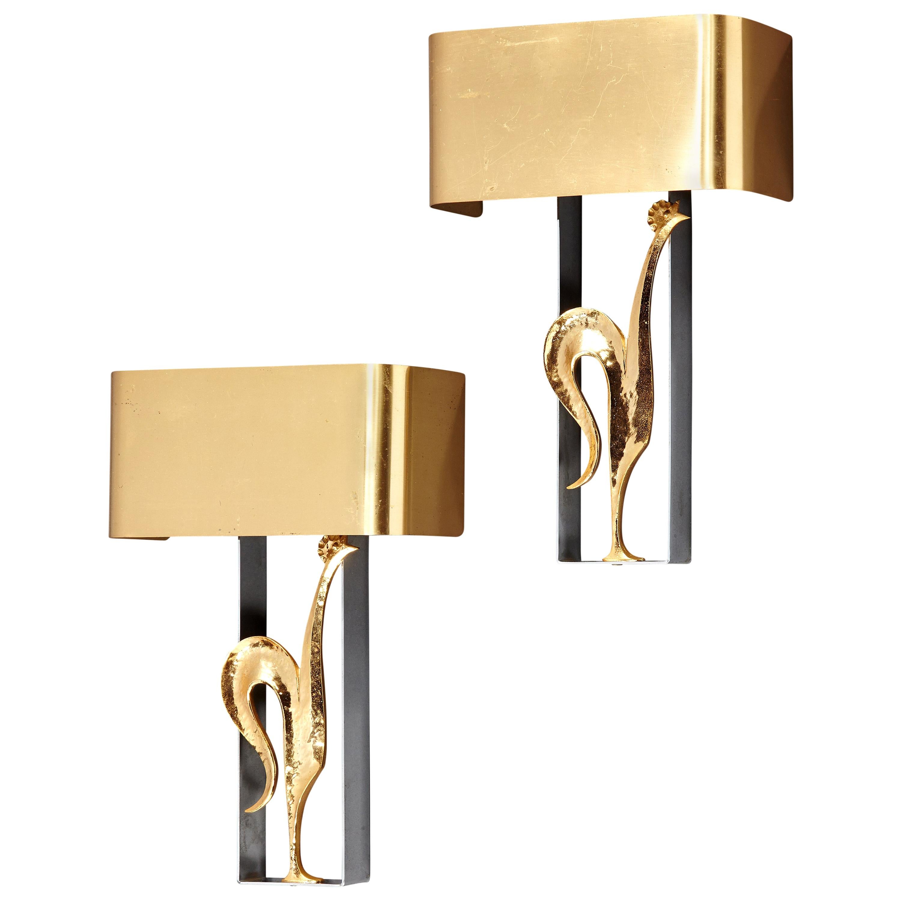 Stylish Pair of Gilded Bronze and Brass "Rooster" Sconces by Maison Charles
