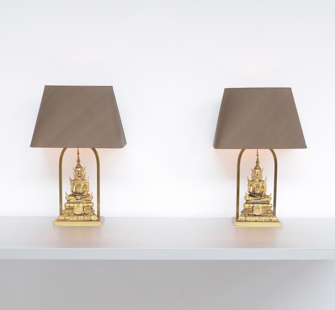 Stylish Pair of Gilded Bronze Buddha Table Lamps For Sale 4