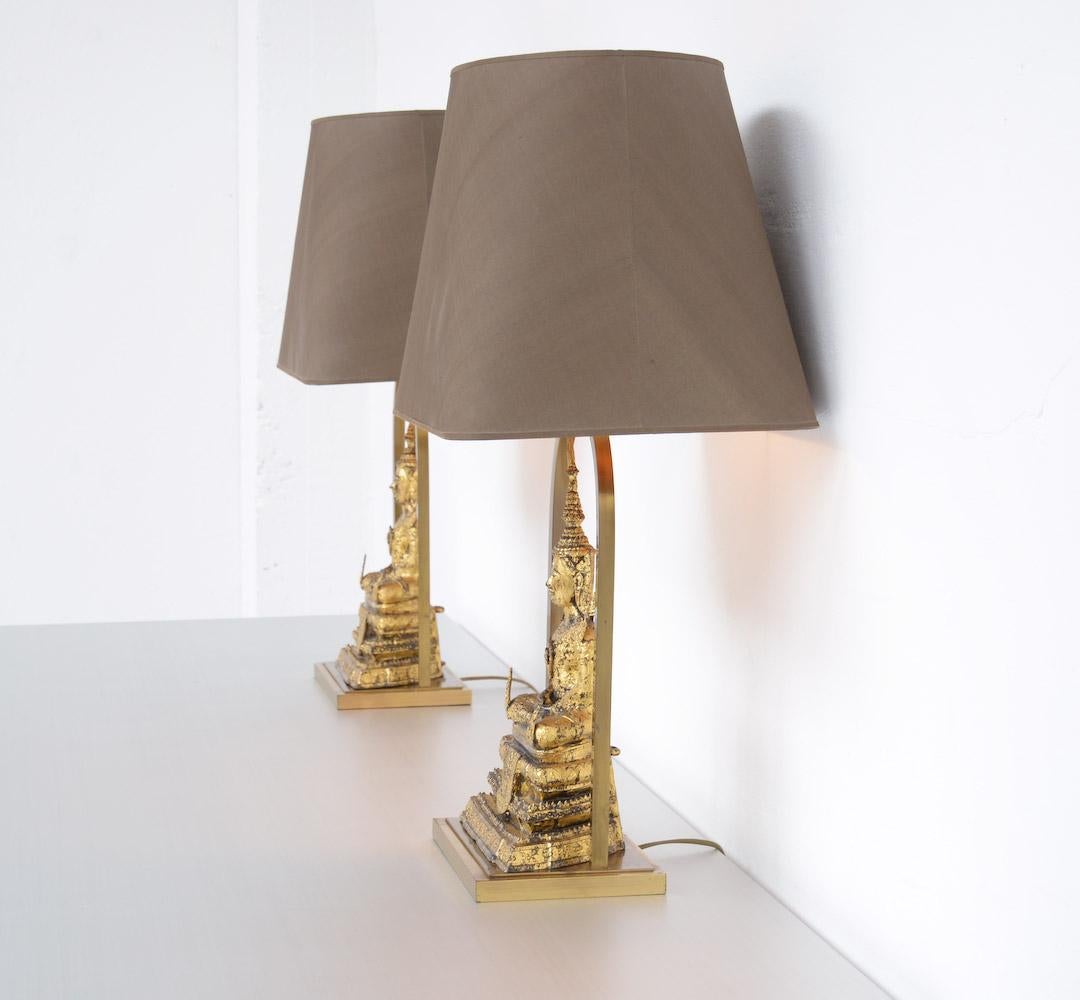 Stylish Pair of Gilded Bronze Buddha Table Lamps For Sale 5