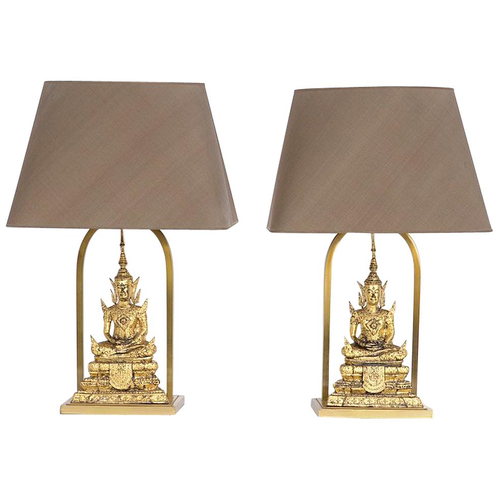 Stylish Pair of Gilded Bronze Buddha Table Lamps For Sale