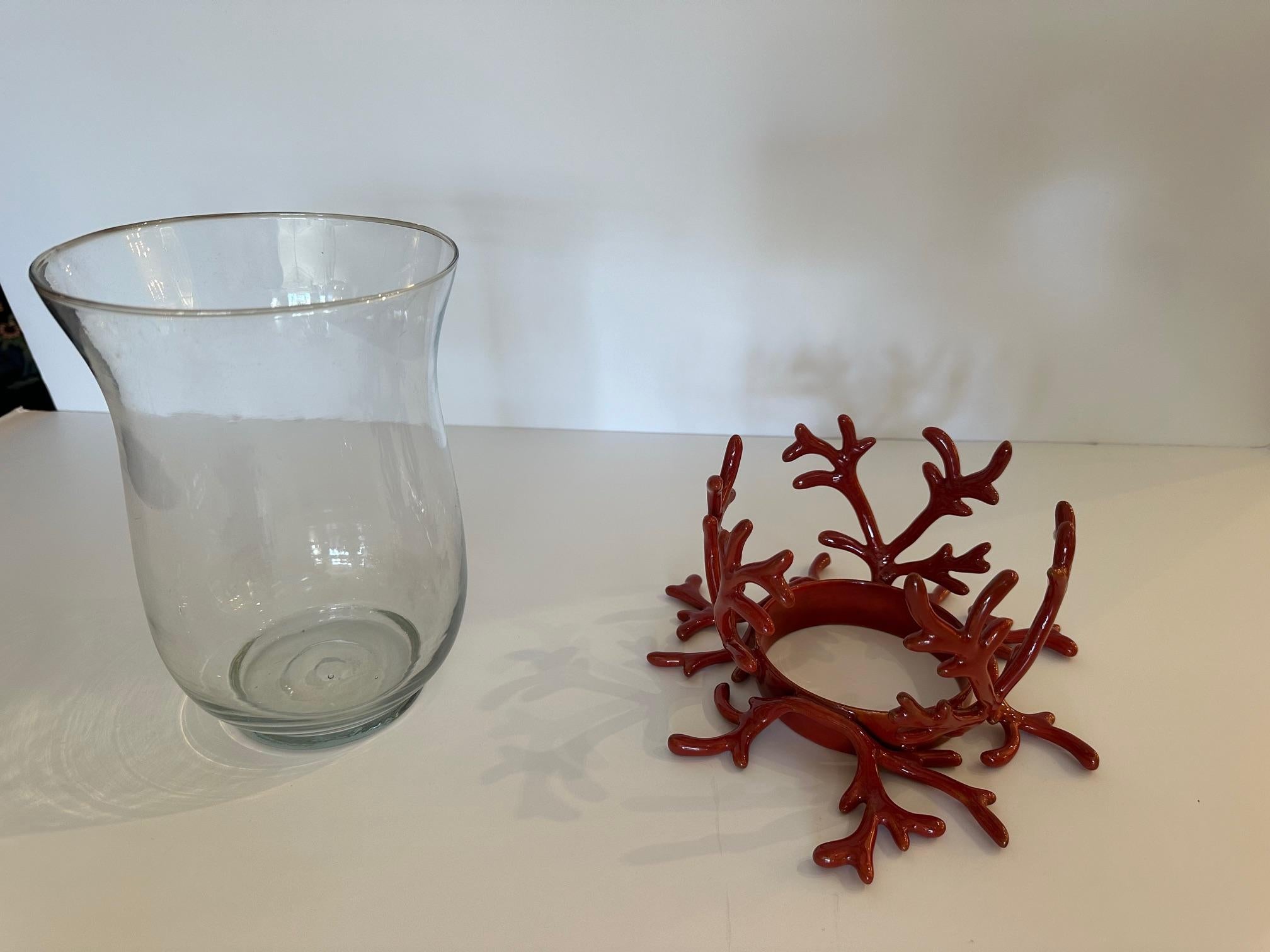 American Stylish Pair of Glass Hurricanes in Faux Coral Iron Bases For Sale