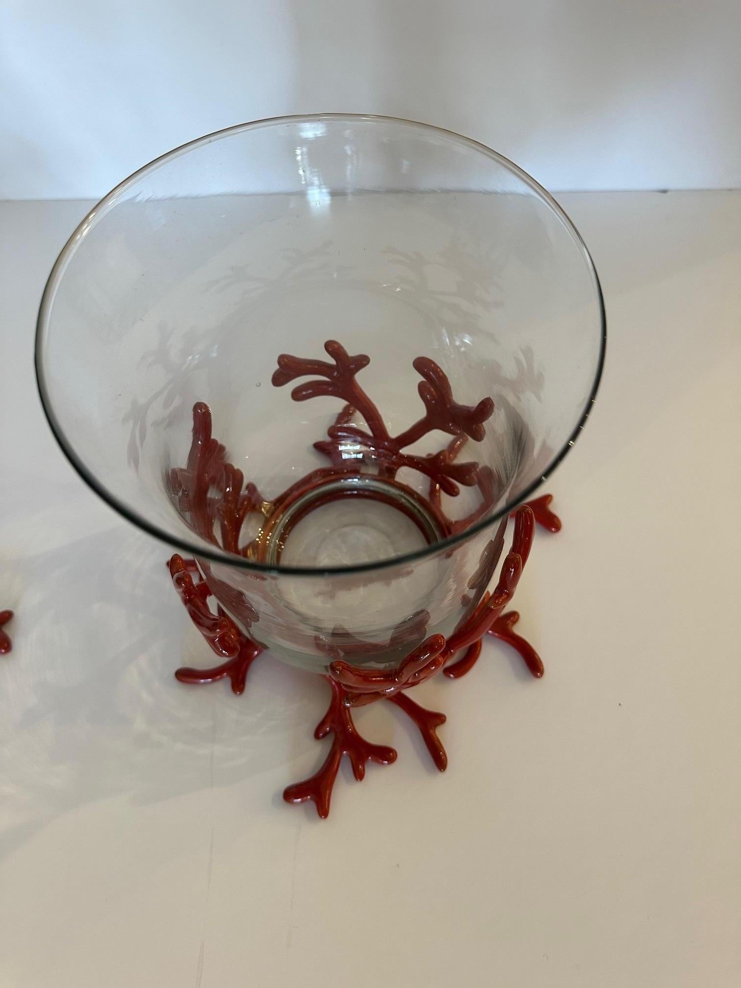 Stylish Pair of Glass Hurricanes in Faux Coral Iron Bases In Good Condition For Sale In Hopewell, NJ