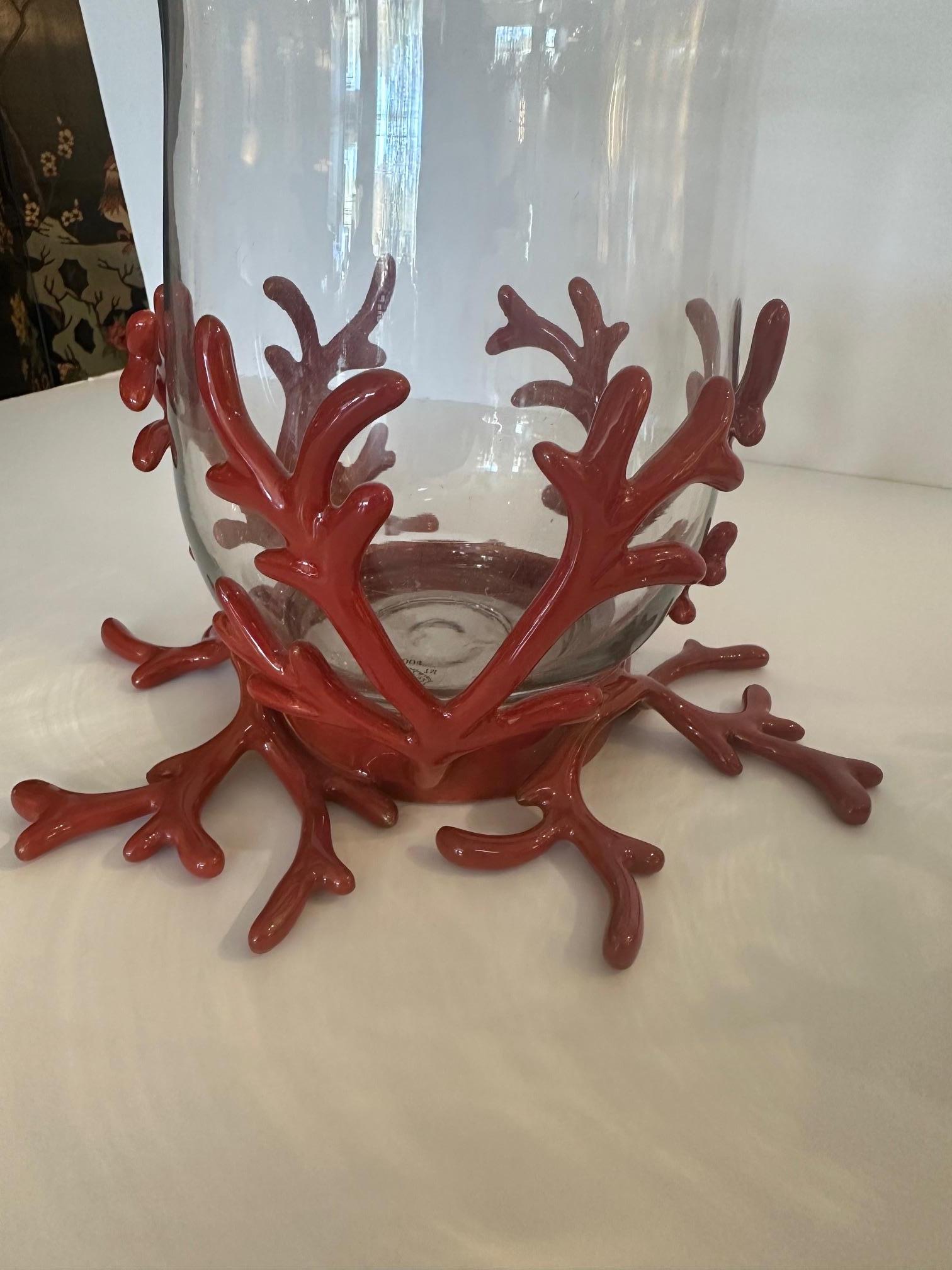 Contemporary Stylish Pair of Glass Hurricanes in Faux Coral Iron Bases For Sale