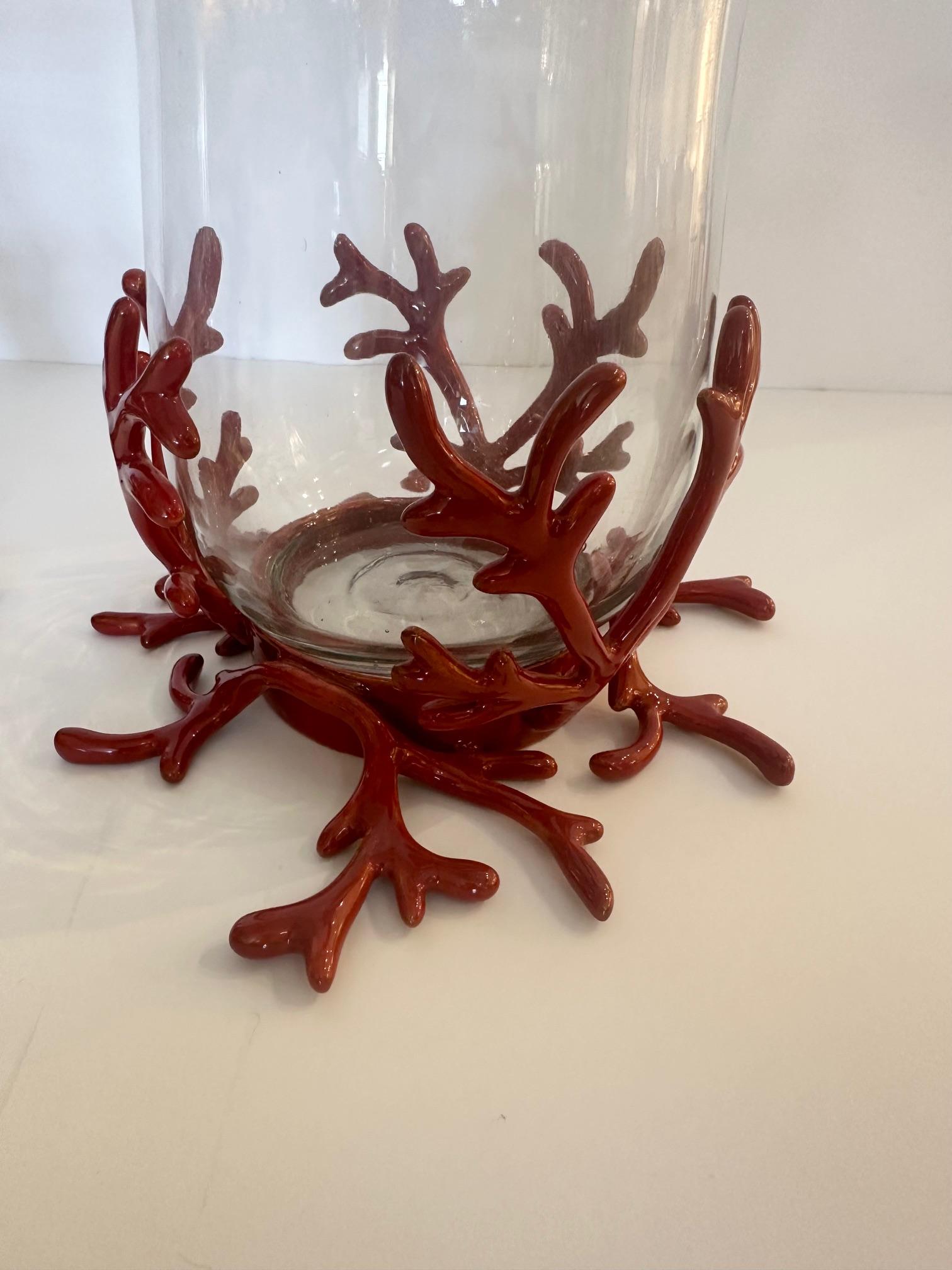 Stylish Pair of Glass Hurricanes in Faux Coral Iron Bases For Sale 1