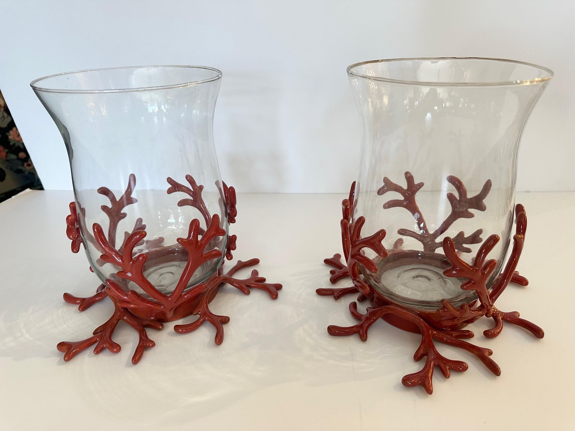 Stylish Pair of Glass Hurricanes in Faux Coral Iron Bases For Sale 2