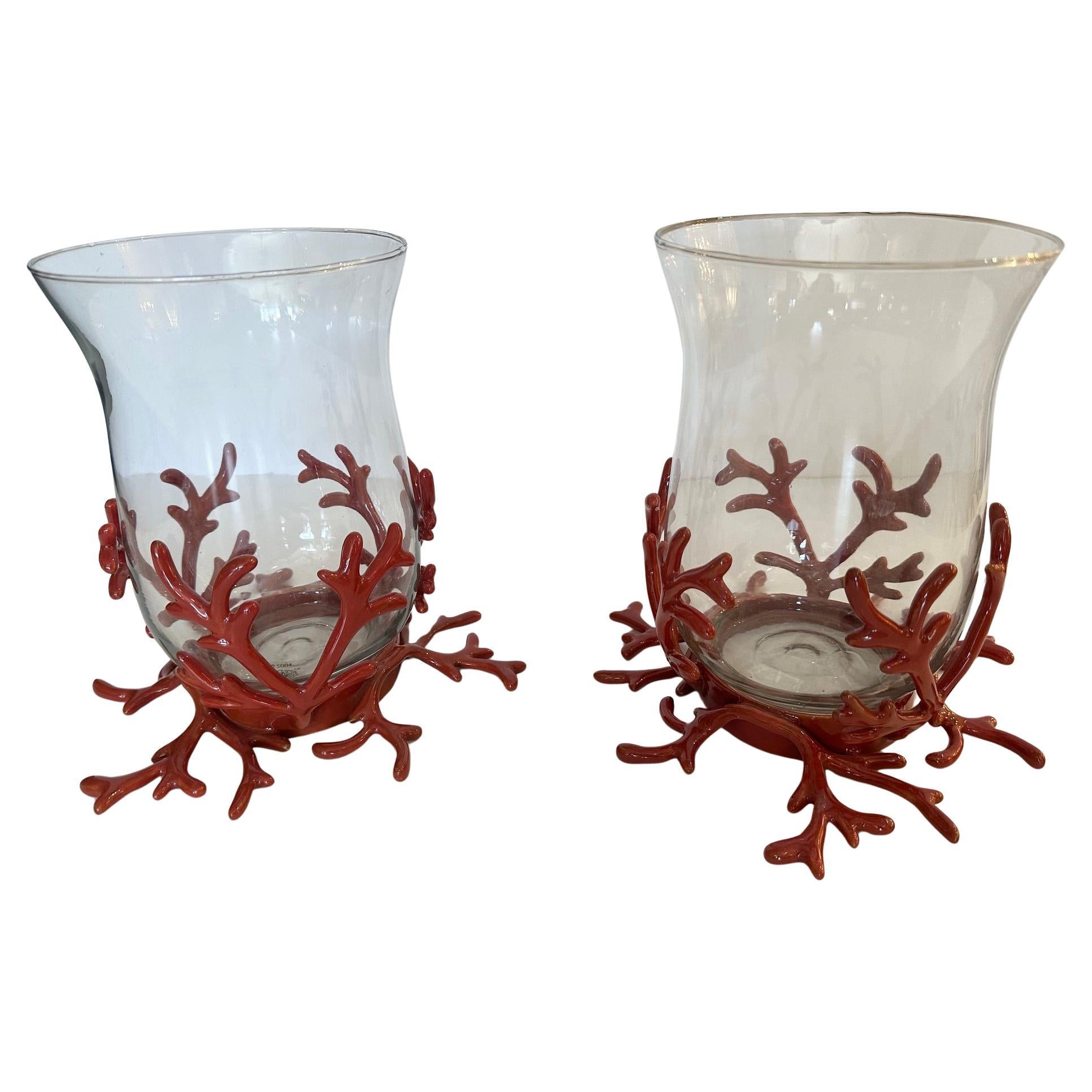 Stylish Pair of Glass Hurricanes in Faux Coral Iron Bases