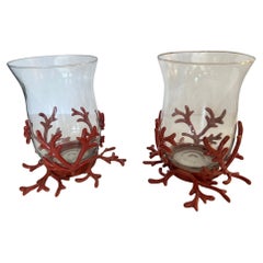 Stylish Pair of Glass Hurricanes in Faux Coral Iron Bases