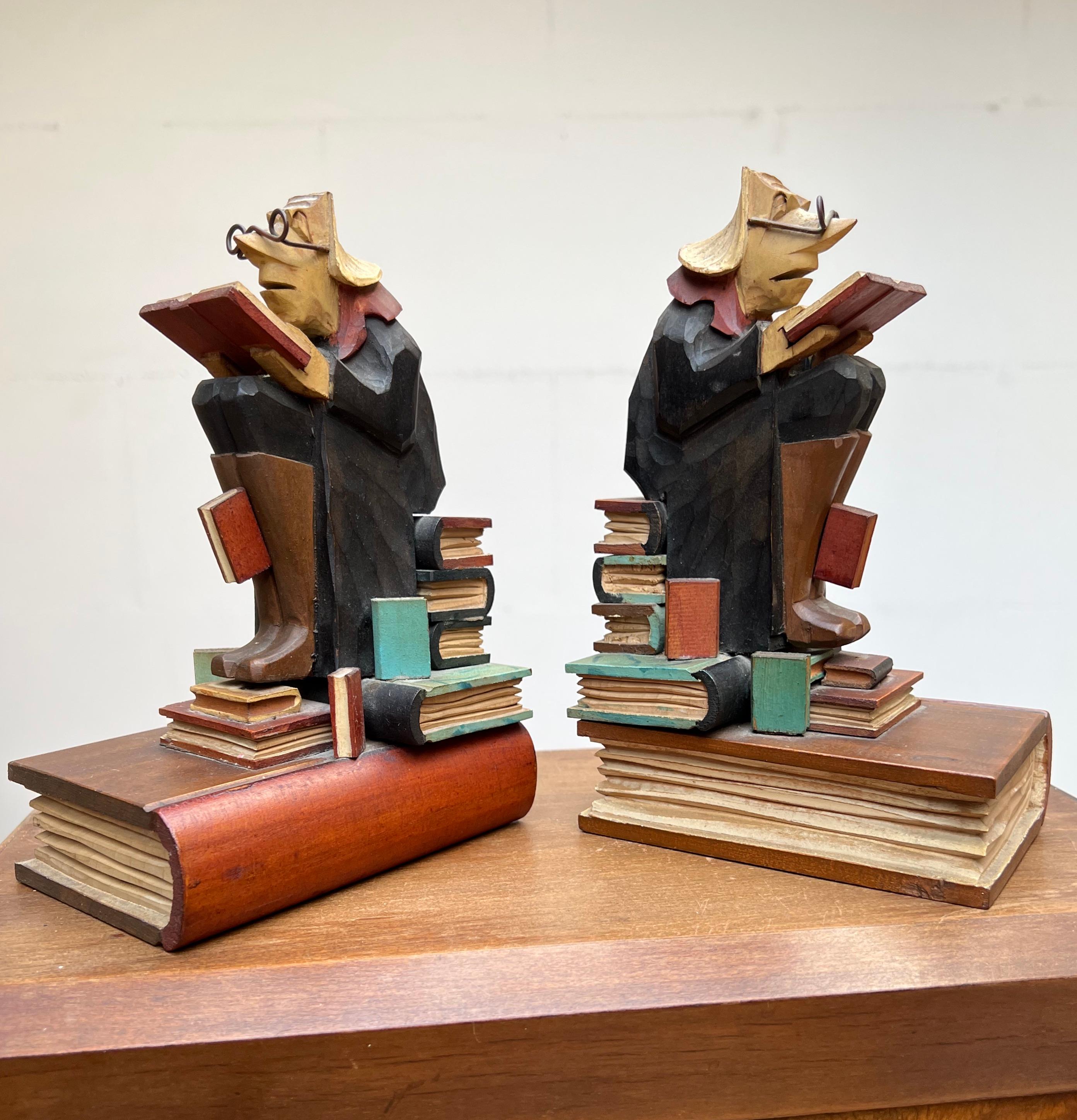 Stylish Pair of Hand Carved / Sculpted Wooden Art Deco Era Alchemist Bookends For Sale 3