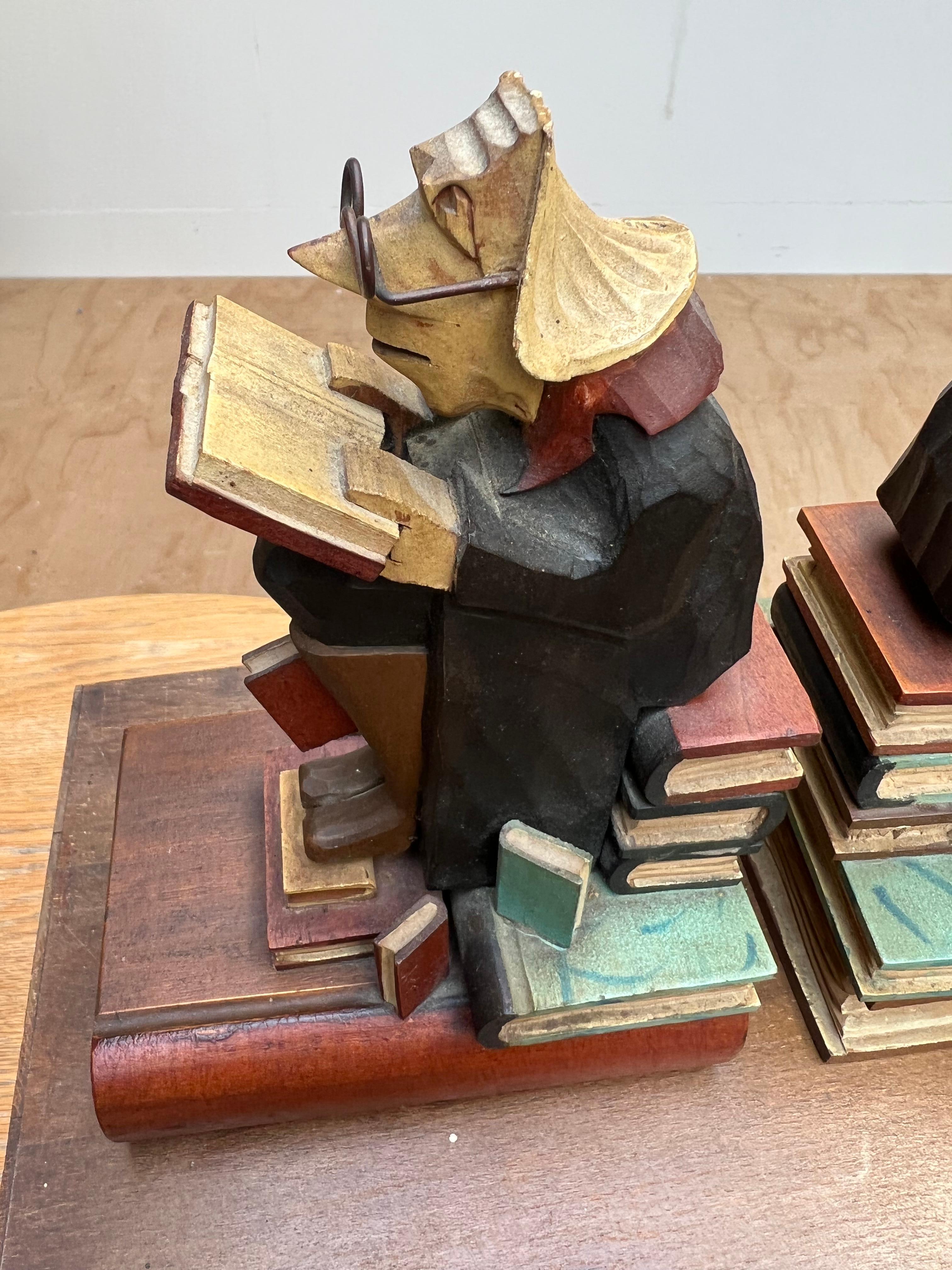 Stylish Pair of Hand Carved / Sculpted Wooden Art Deco Era Alchemist Bookends For Sale 4