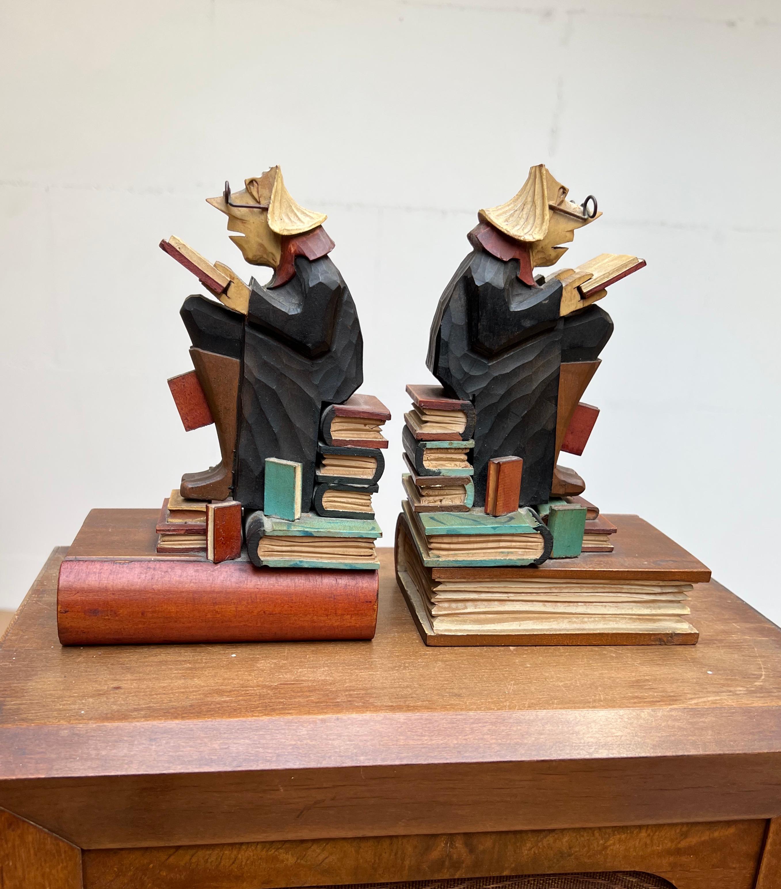 Stylish Pair of Hand Carved / Sculpted Wooden Art Deco Era Alchemist Bookends For Sale 5