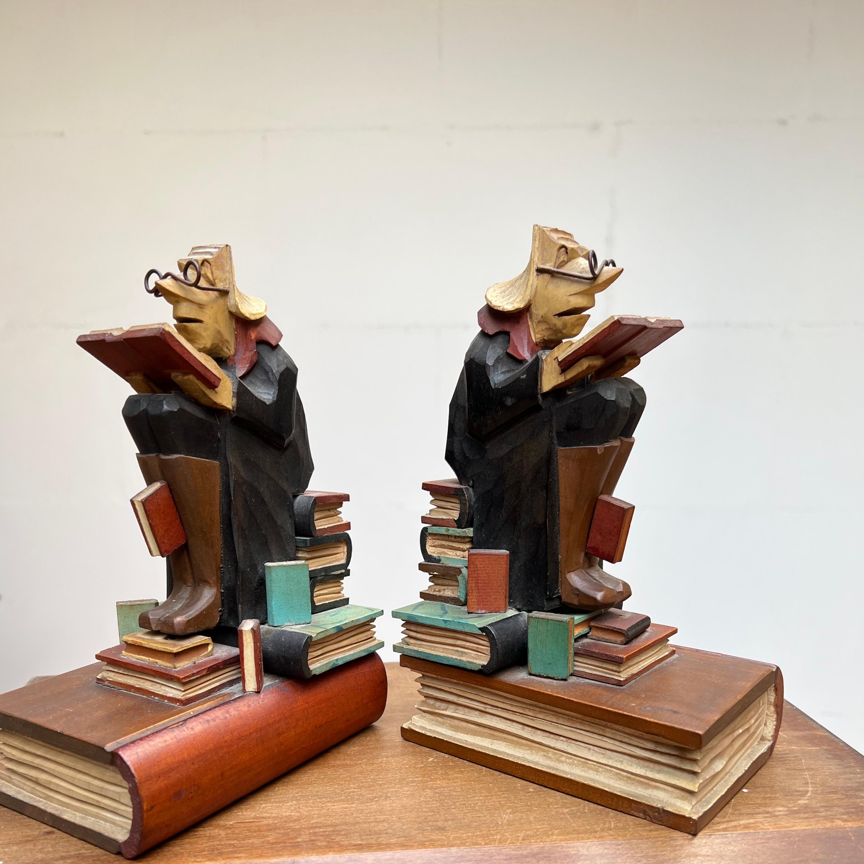 Stylish Pair of Hand Carved / Sculpted Wooden Art Deco Era Alchemist Bookends For Sale 7