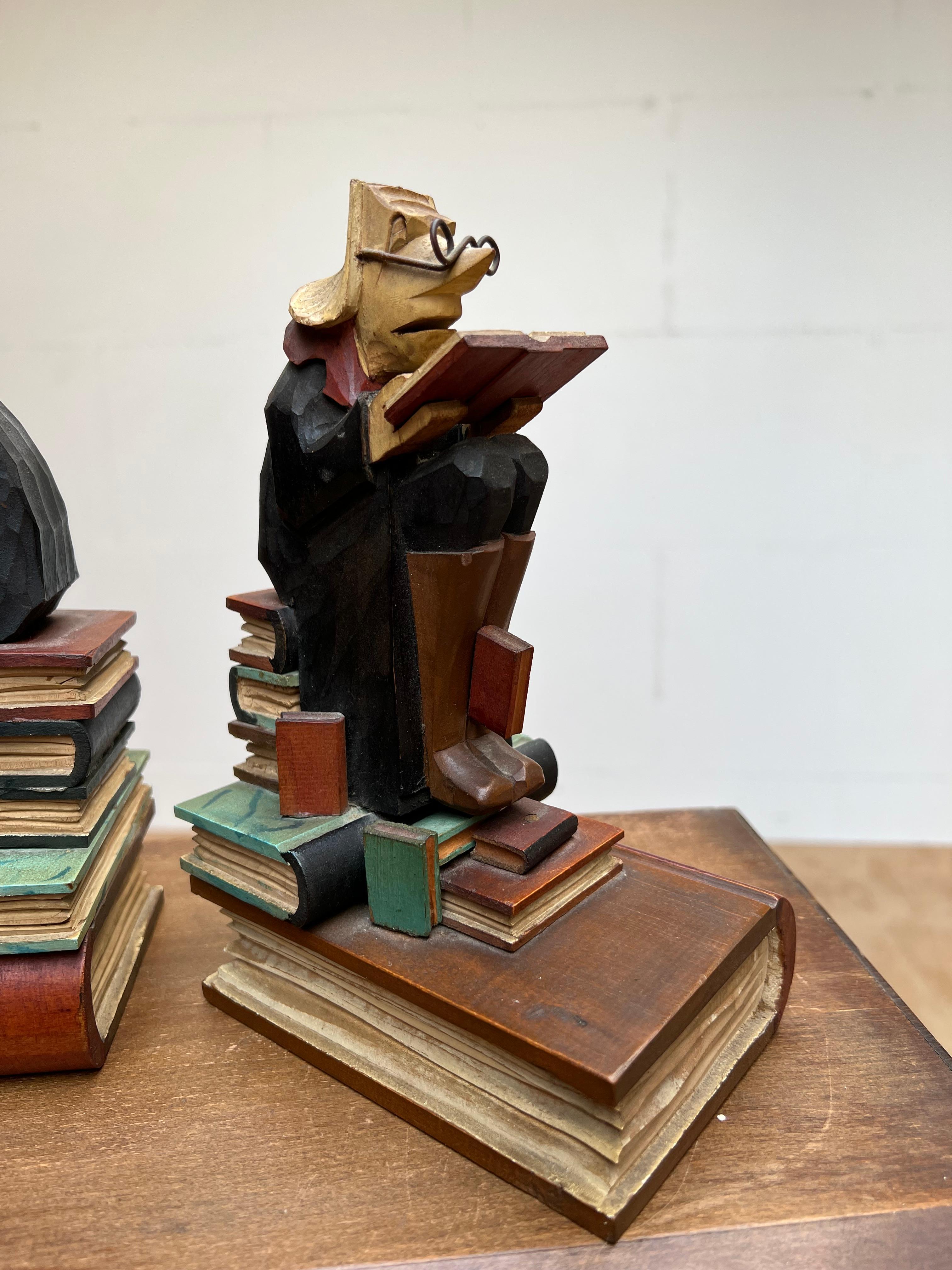 Stylish Pair of Hand Carved / Sculpted Wooden Art Deco Era Alchemist Bookends For Sale 8