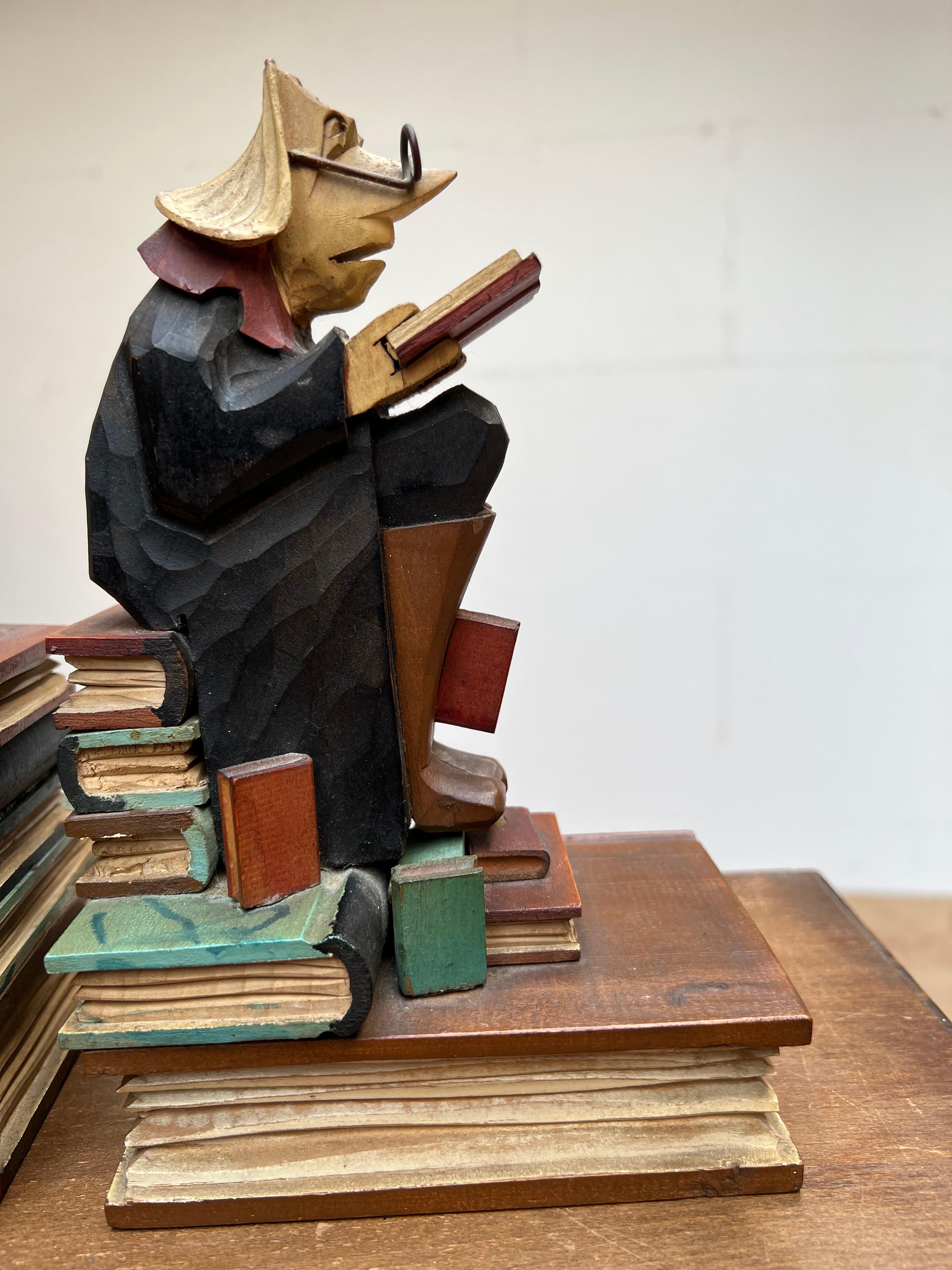 Stylish Pair of Hand Carved / Sculpted Wooden Art Deco Era Alchemist Bookends For Sale 11