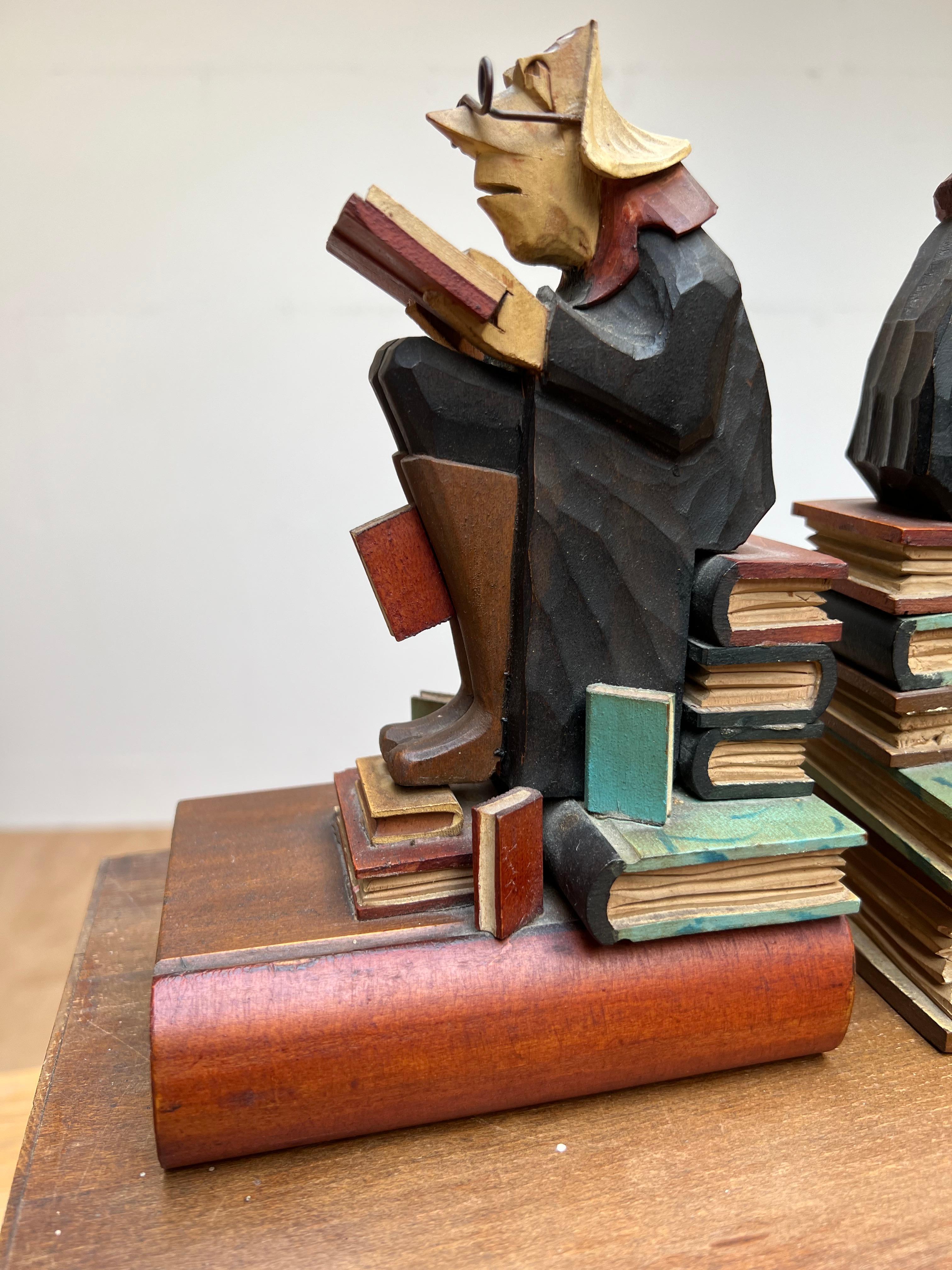 Stylish Pair of Hand Carved / Sculpted Wooden Art Deco Era Alchemist Bookends For Sale 11