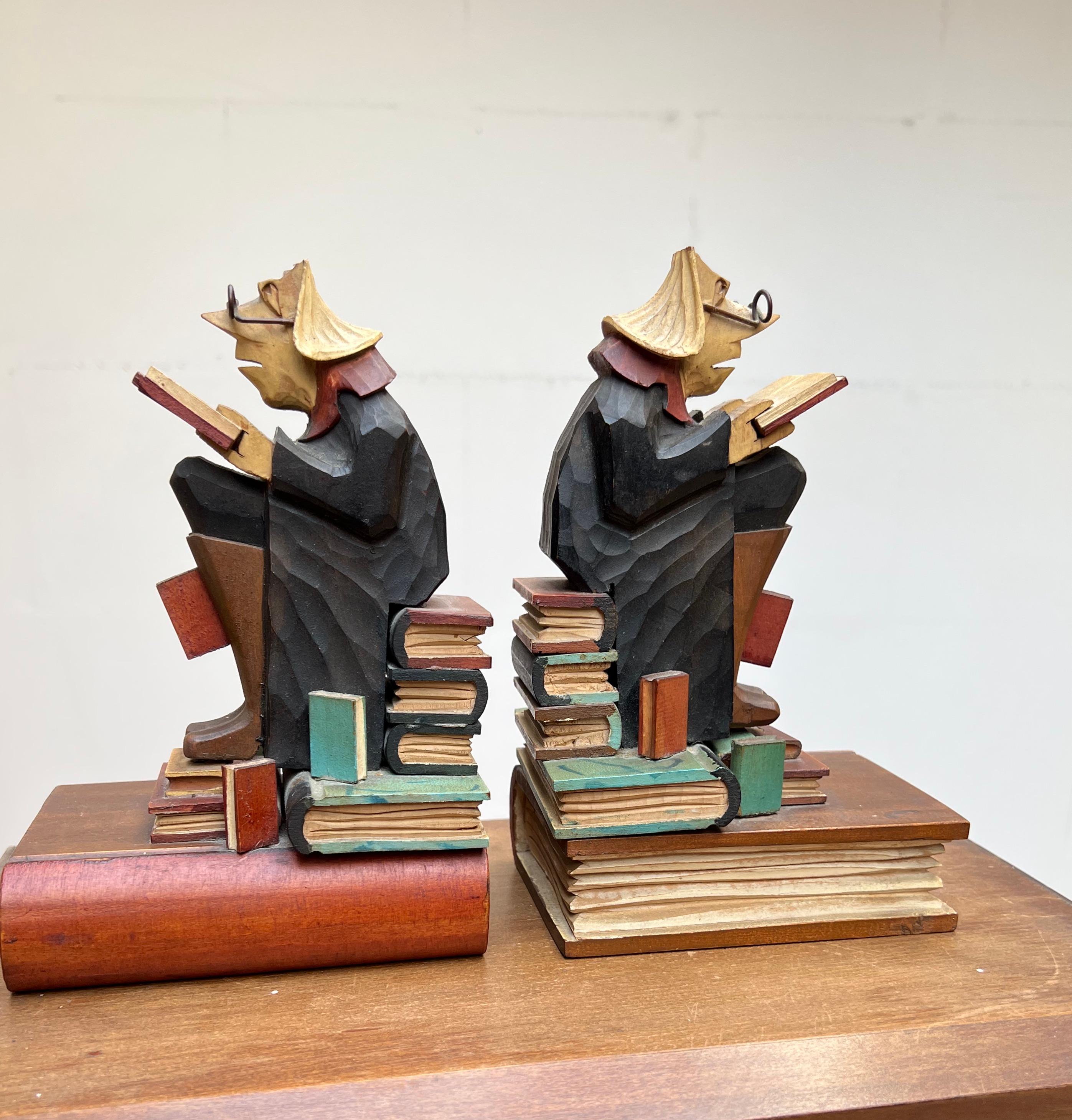 Stylish Pair of Hand Carved / Sculpted Wooden Art Deco Era Alchemist Bookends For Sale 13