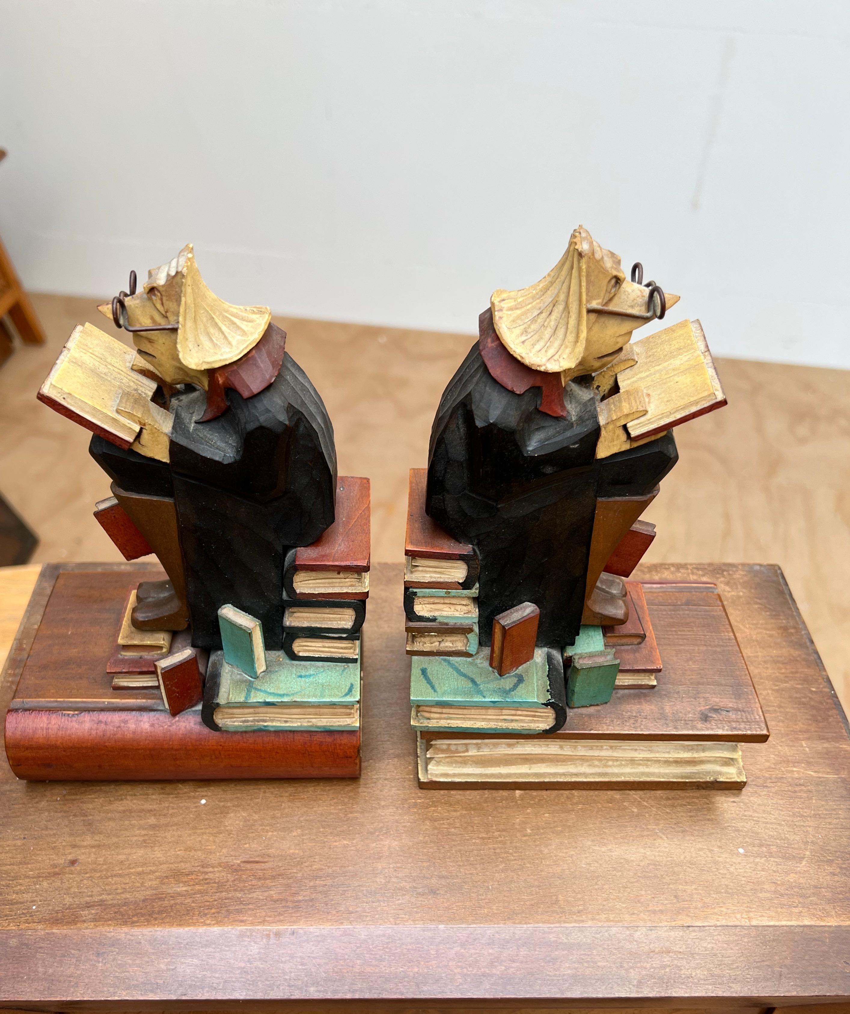 Hand-Crafted Stylish Pair of Hand Carved / Sculpted Wooden Art Deco Era Alchemist Bookends For Sale