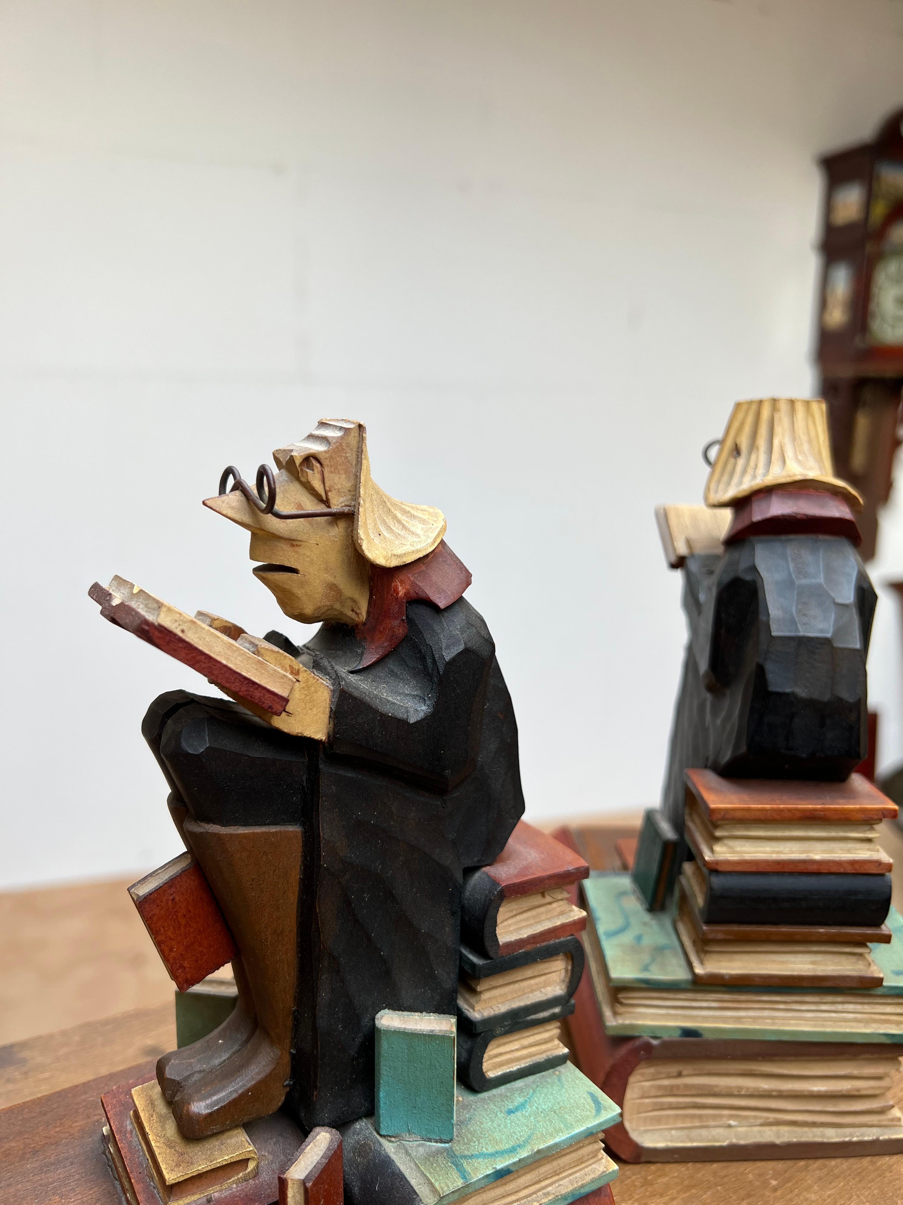 Stylish Pair of Hand Carved / Sculpted Wooden Art Deco Era Alchemist Bookends In Excellent Condition For Sale In Lisse, NL