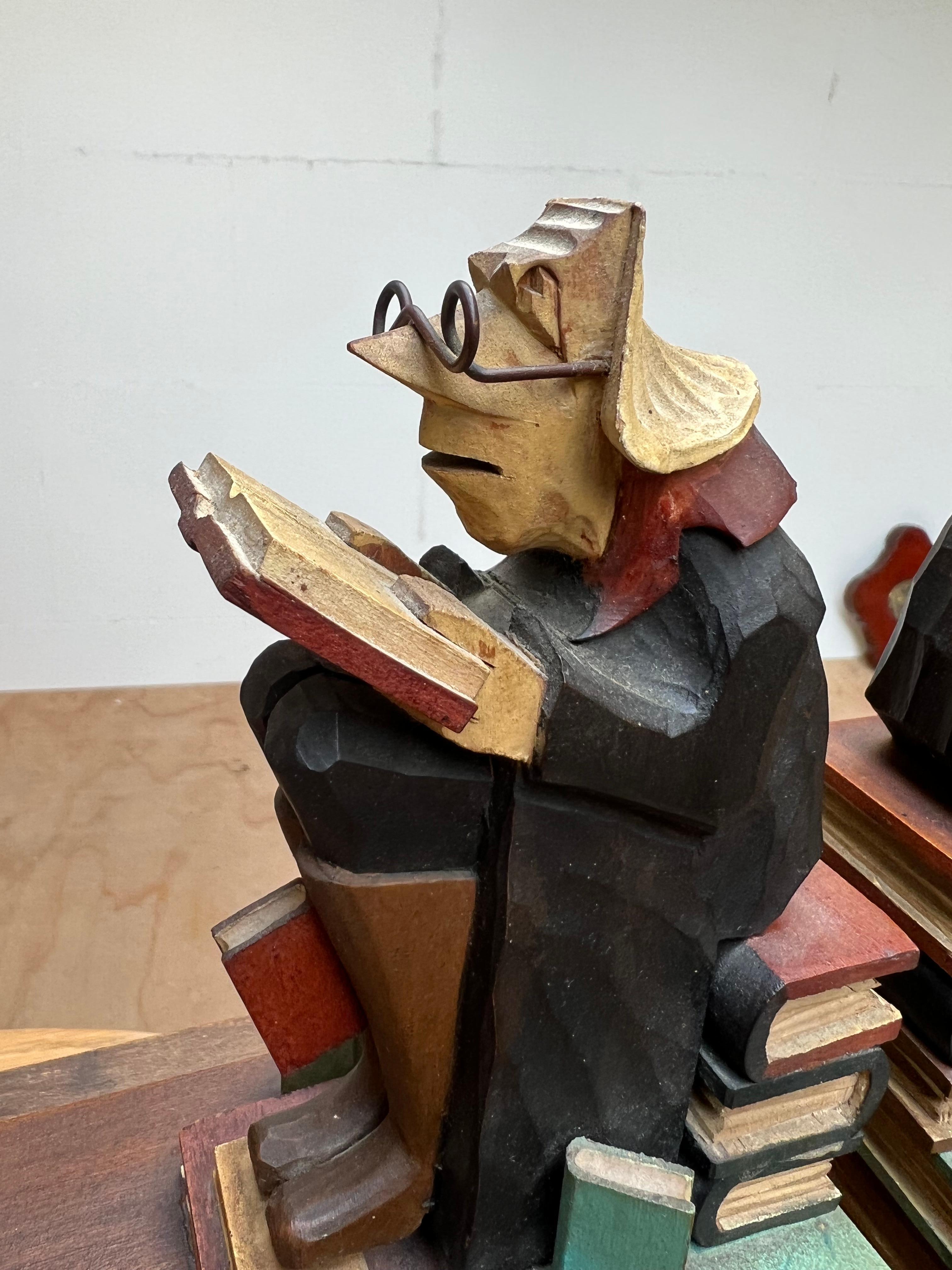 20th Century Stylish Pair of Hand Carved / Sculpted Wooden Art Deco Era Alchemist Bookends For Sale