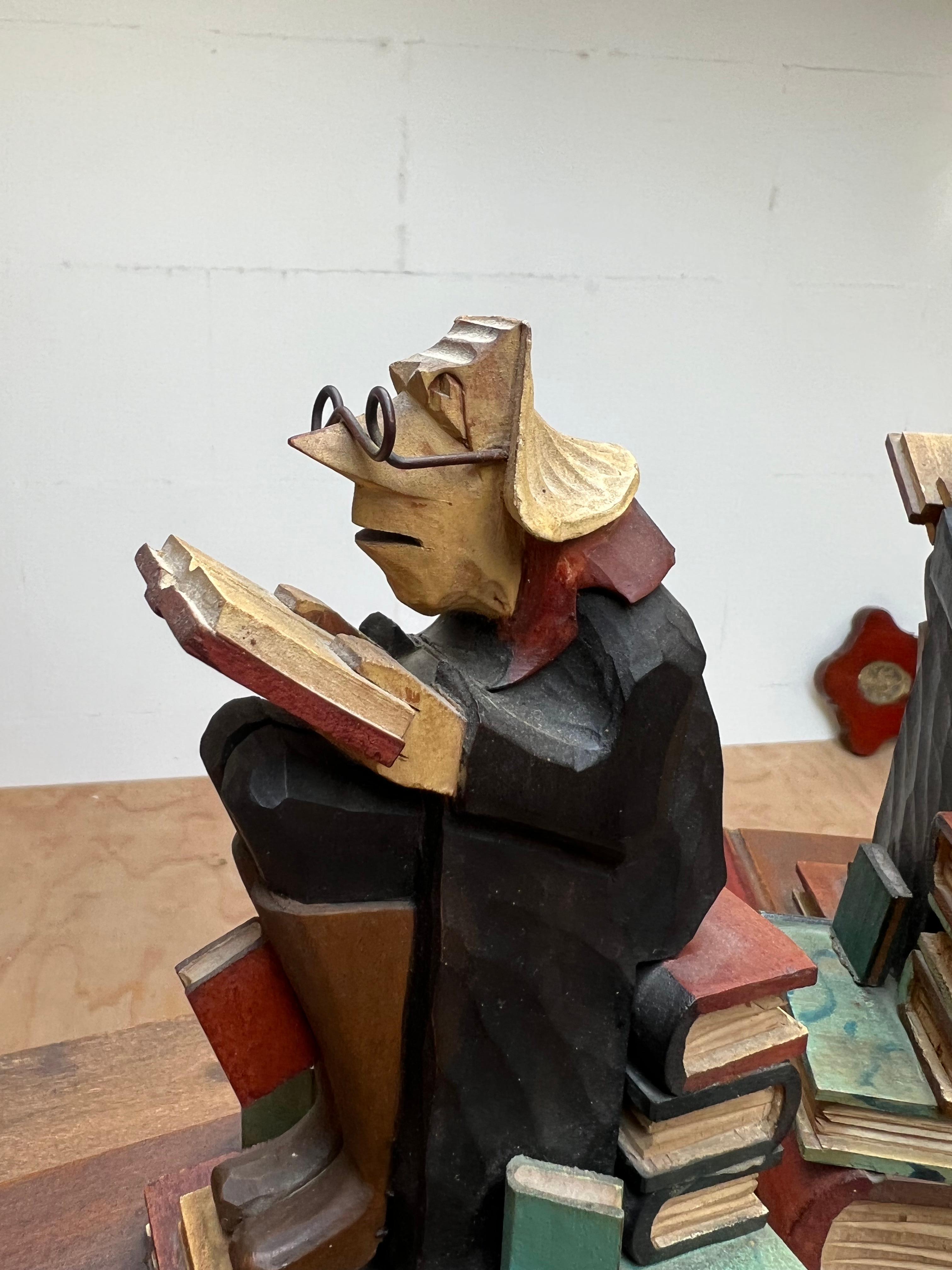 Metal Stylish Pair of Hand Carved / Sculpted Wooden Art Deco Era Alchemist Bookends For Sale