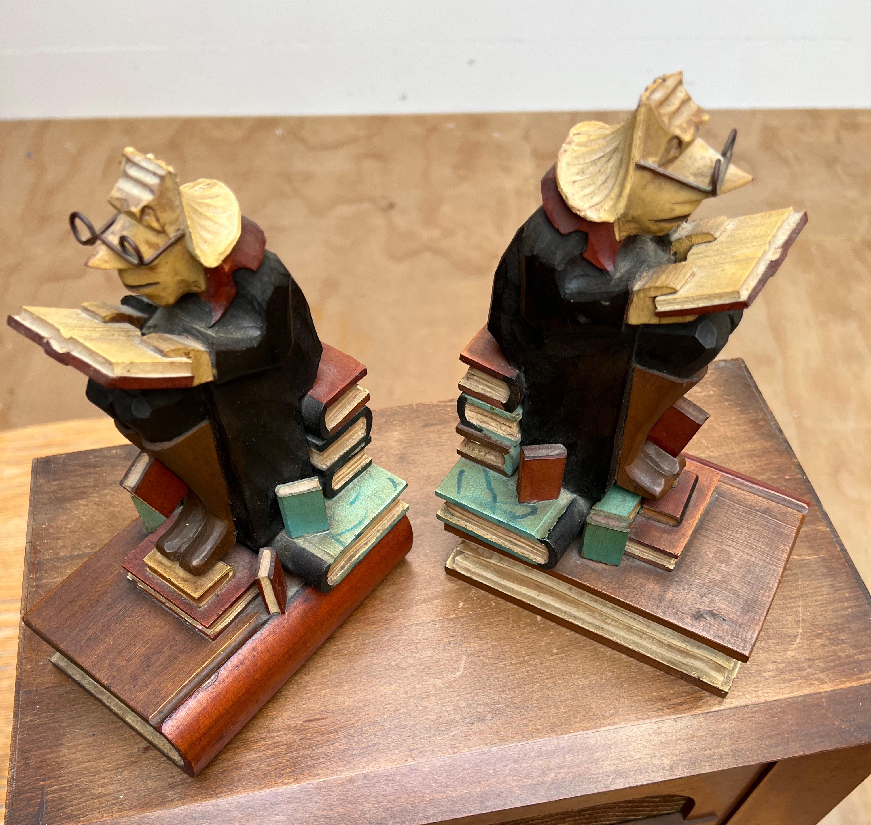 Stylish Pair of Hand Carved / Sculpted Wooden Art Deco Era Alchemist Bookends For Sale 2