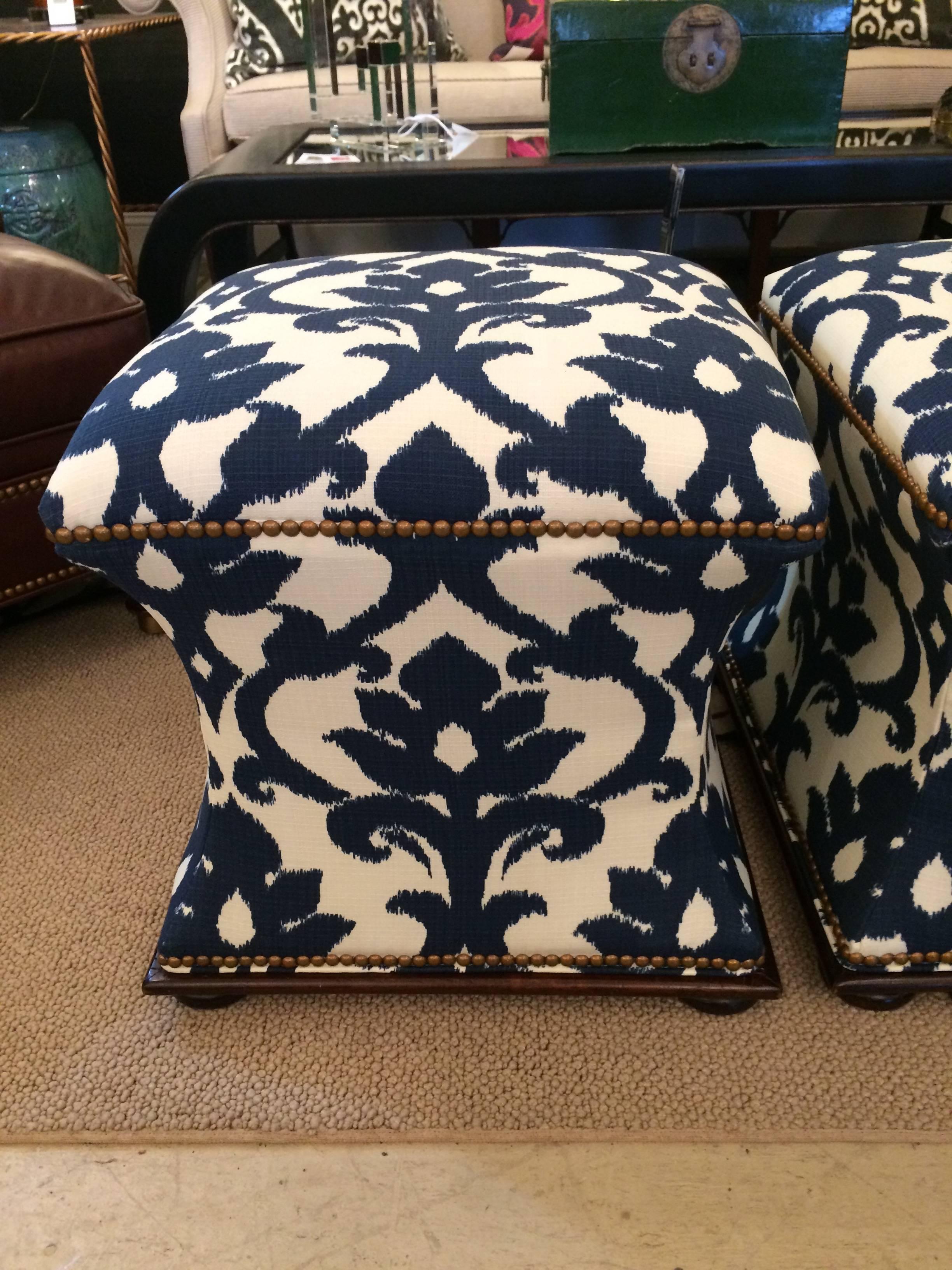 American Stylish Pair of Hourglass Upholstered Ottoman Poufs