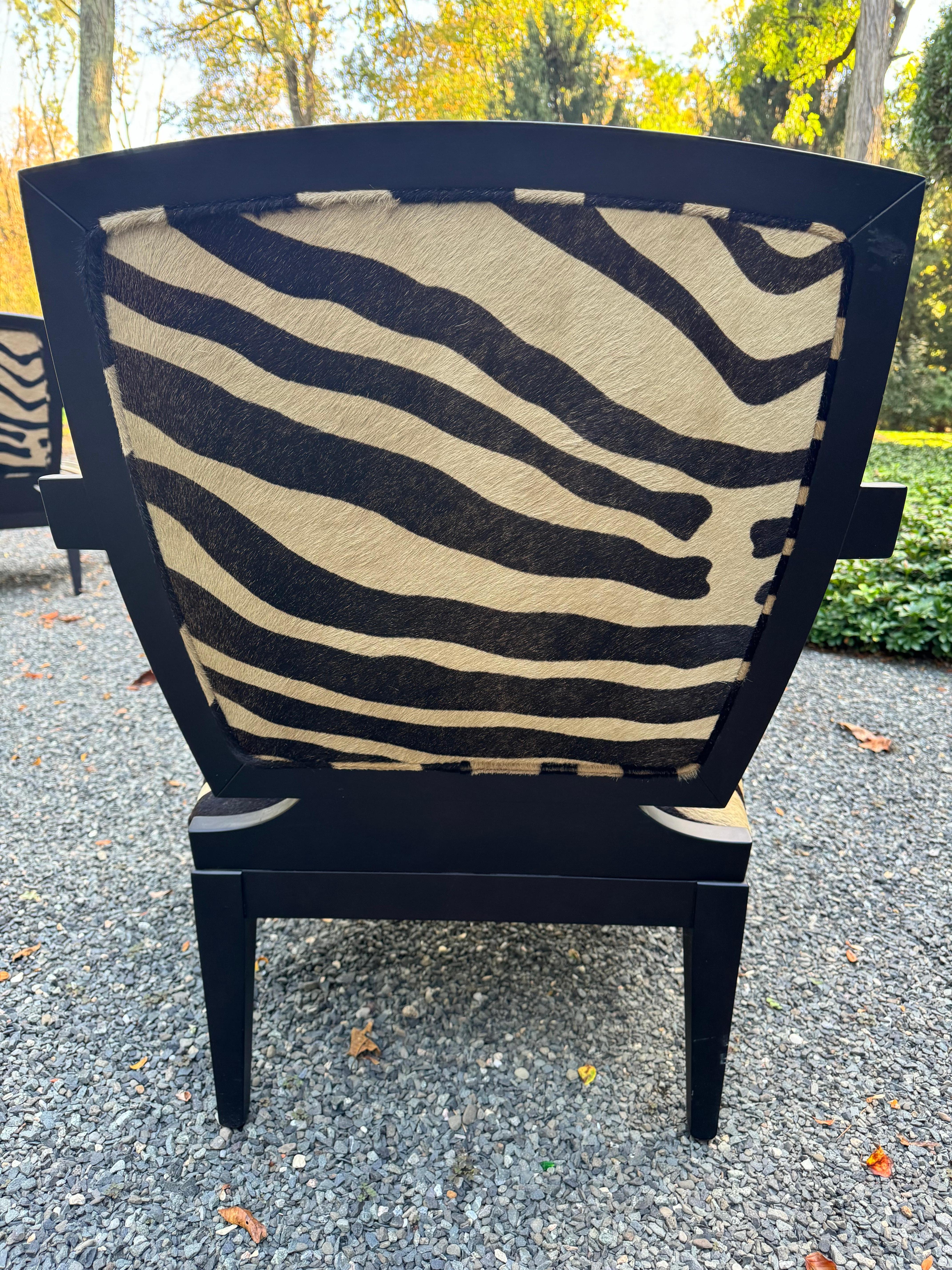 Modern Stylish Pair of Italian Black Wood and Zebra Cowhide Armchairs