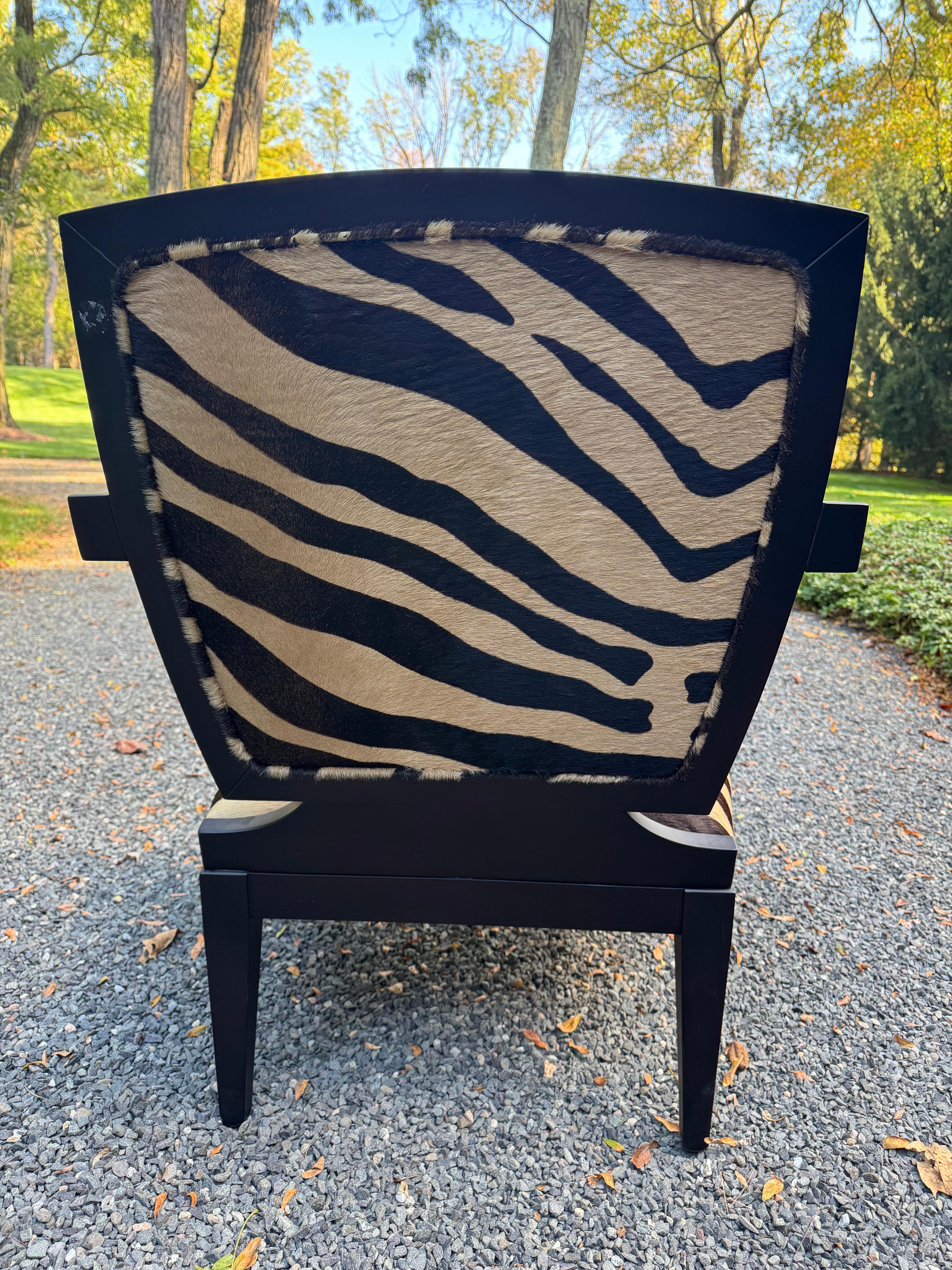 Stylish Pair of Italian Black Wood and Zebra Cowhide Armchairs In Good Condition In Hopewell, NJ