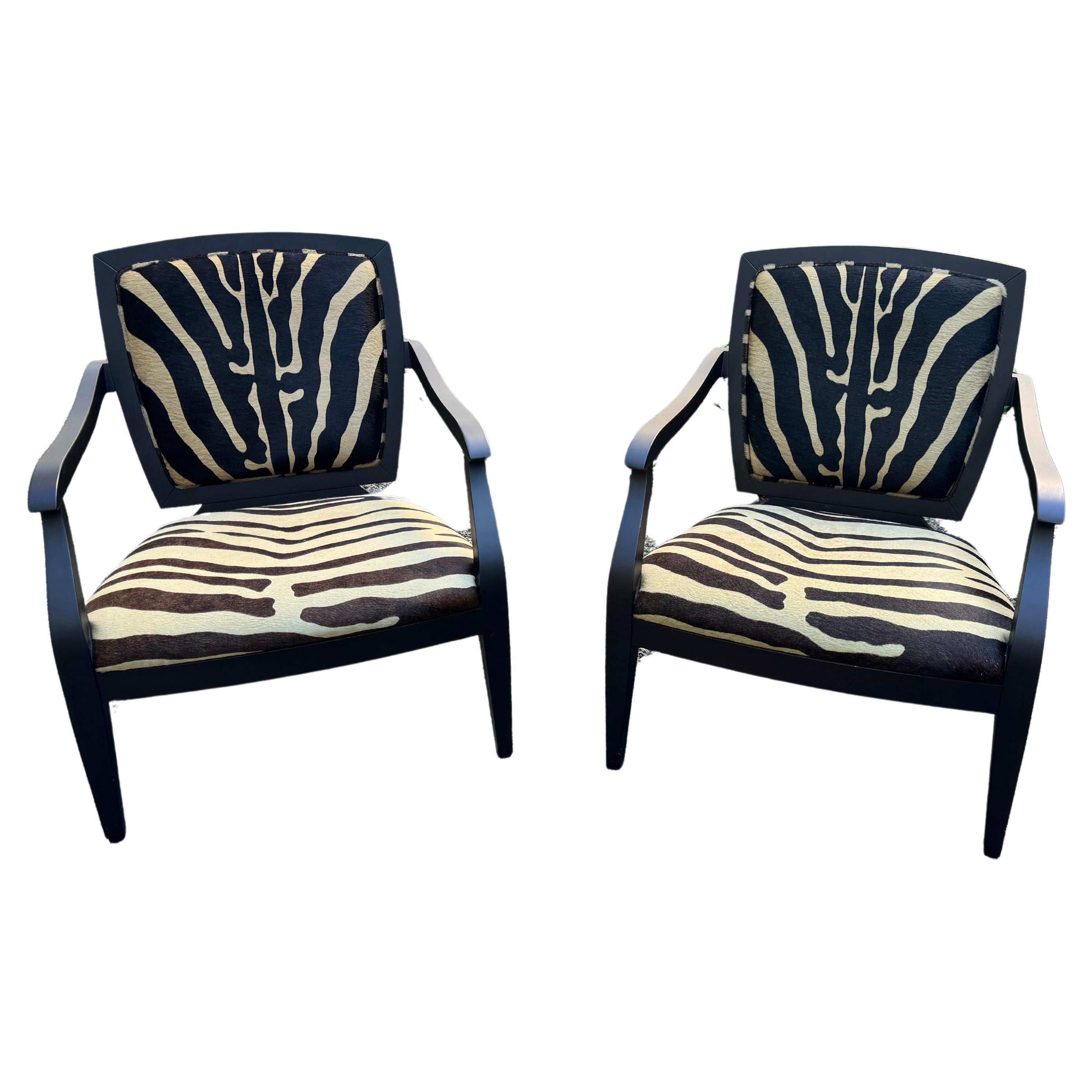 Stylish Pair of Italian Black Wood and Zebra Cowhide Armchairs