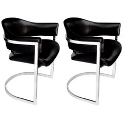 Stylish Pair of Italian Chrome and Black Leather Chairs by Vittorio Introini