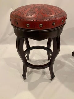 Stylish Pair of Italian Embossed Leather and Wood Bar Stools