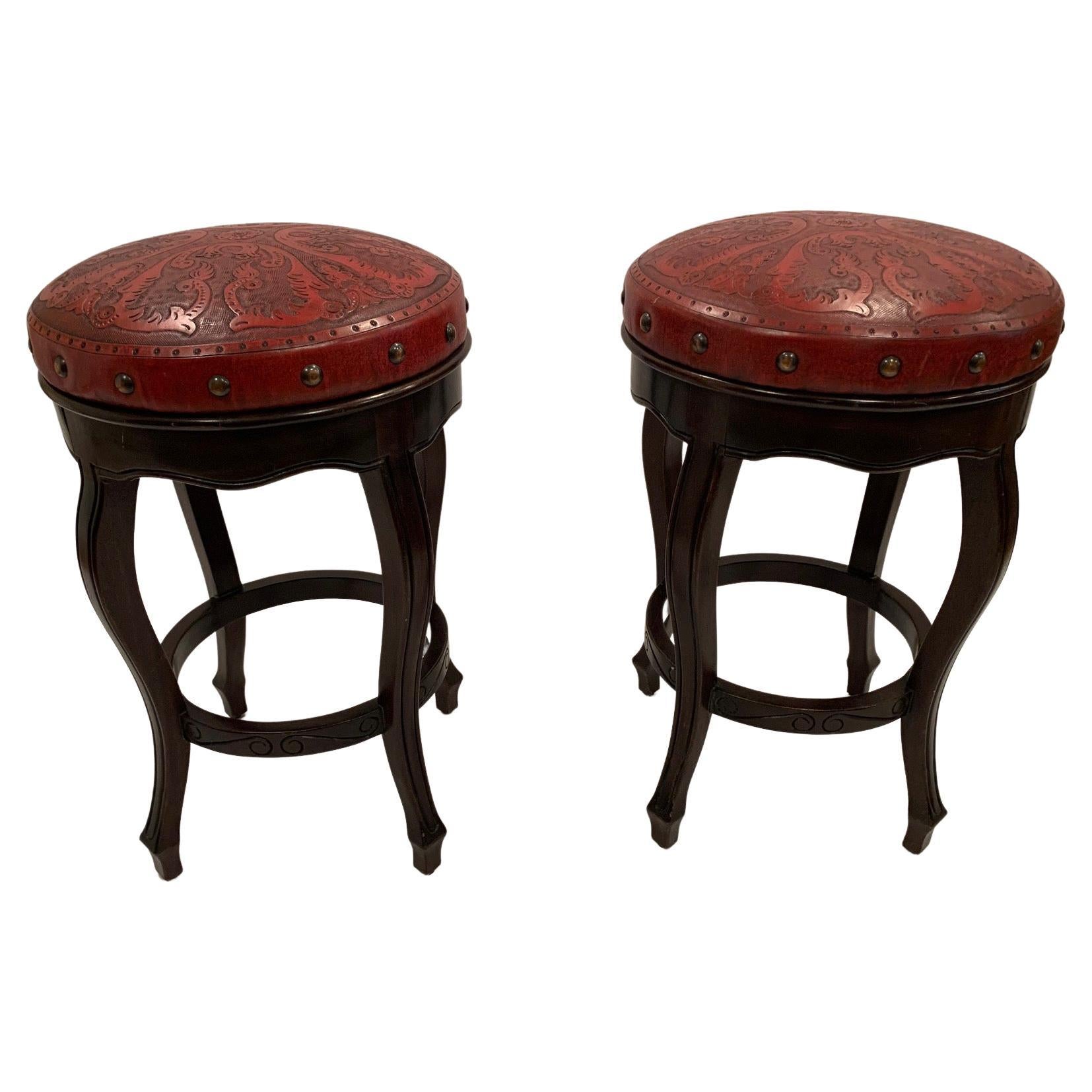 Stylish Pair of Italian Embossed Leather and Wood Bar Stools For Sale