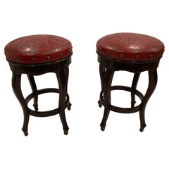 Stylish Pair of Italian Embossed Leather and Wood Bar Stools