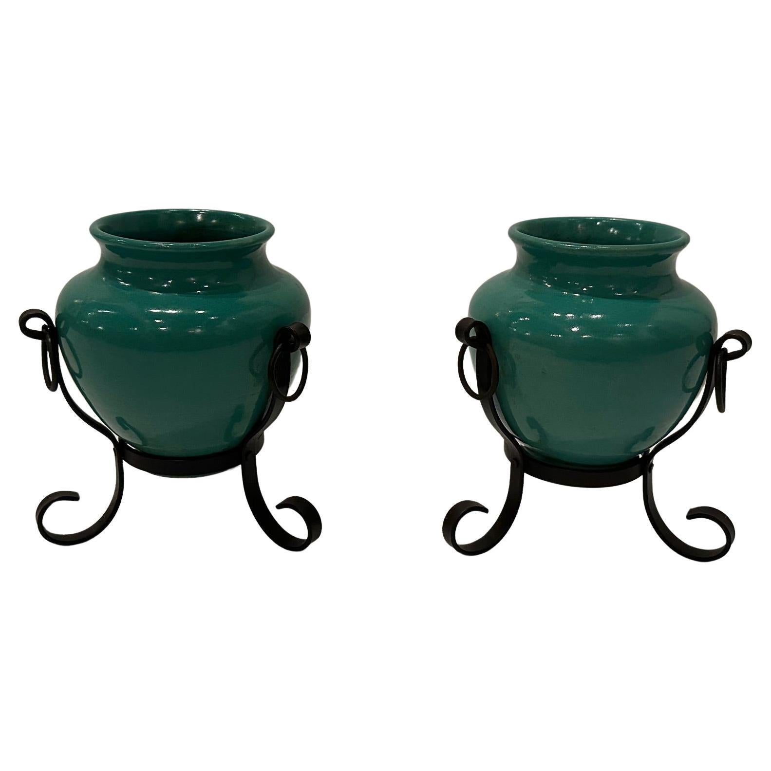 Stylish Pair of Italian Pottery Vases in Hand Wrought Iron Frames For Sale