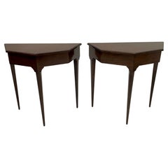 Stylish Pair of Italian Vintage Mahogany Crest Shaped Demilune Console Tables