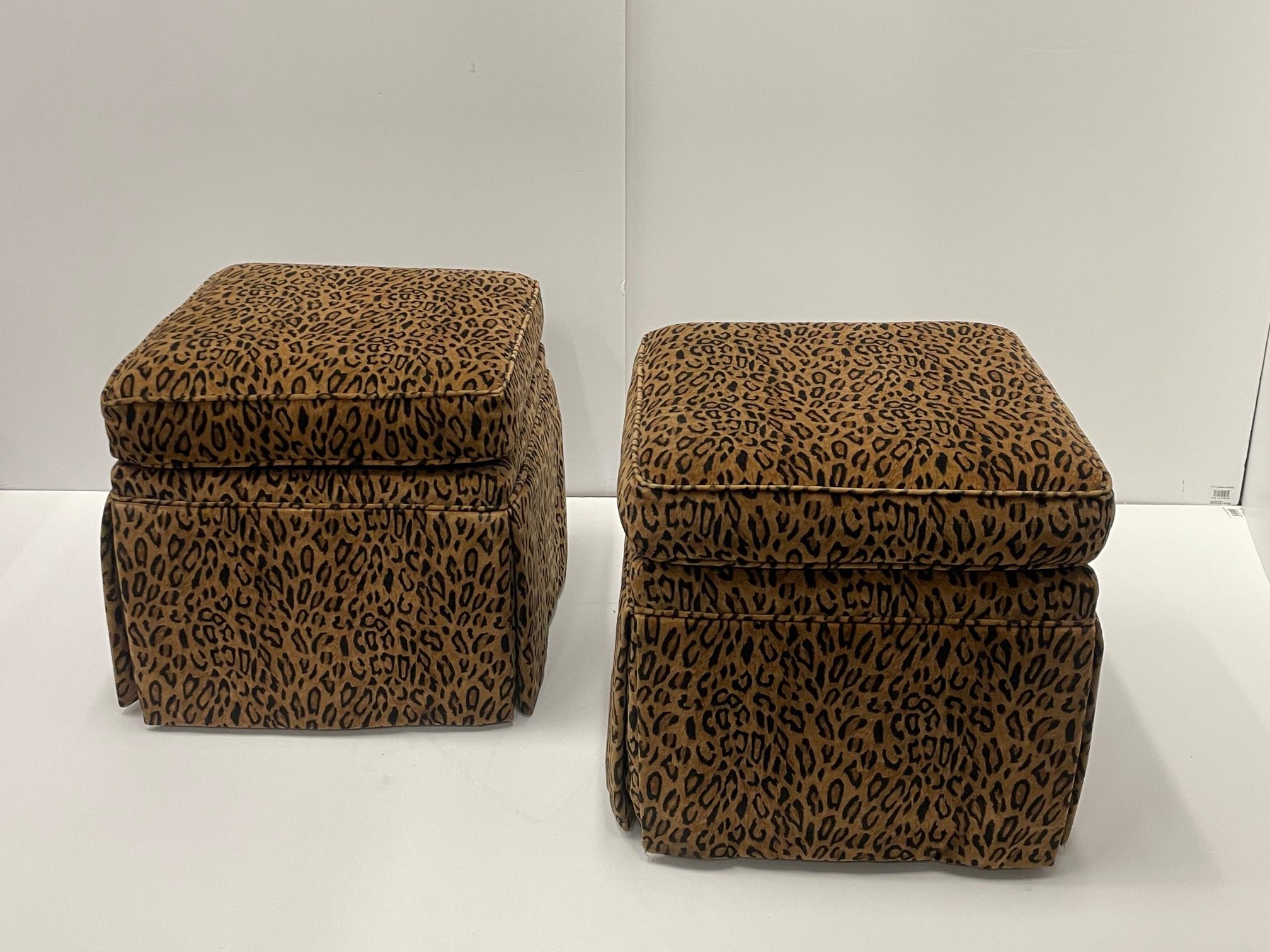 Sexy matching pair of box pleated leopard print sumptuous velvet upholstered ottomans.