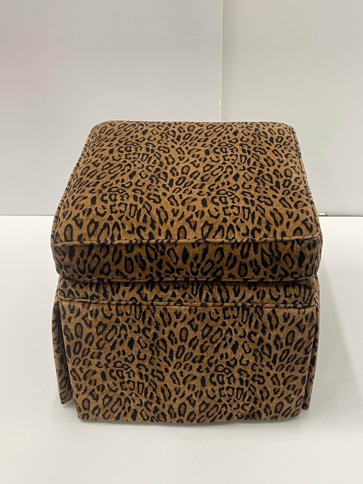 Stylish Pair of Leopard Print Velvet Upholstered Ottomans In Good Condition In Hopewell, NJ