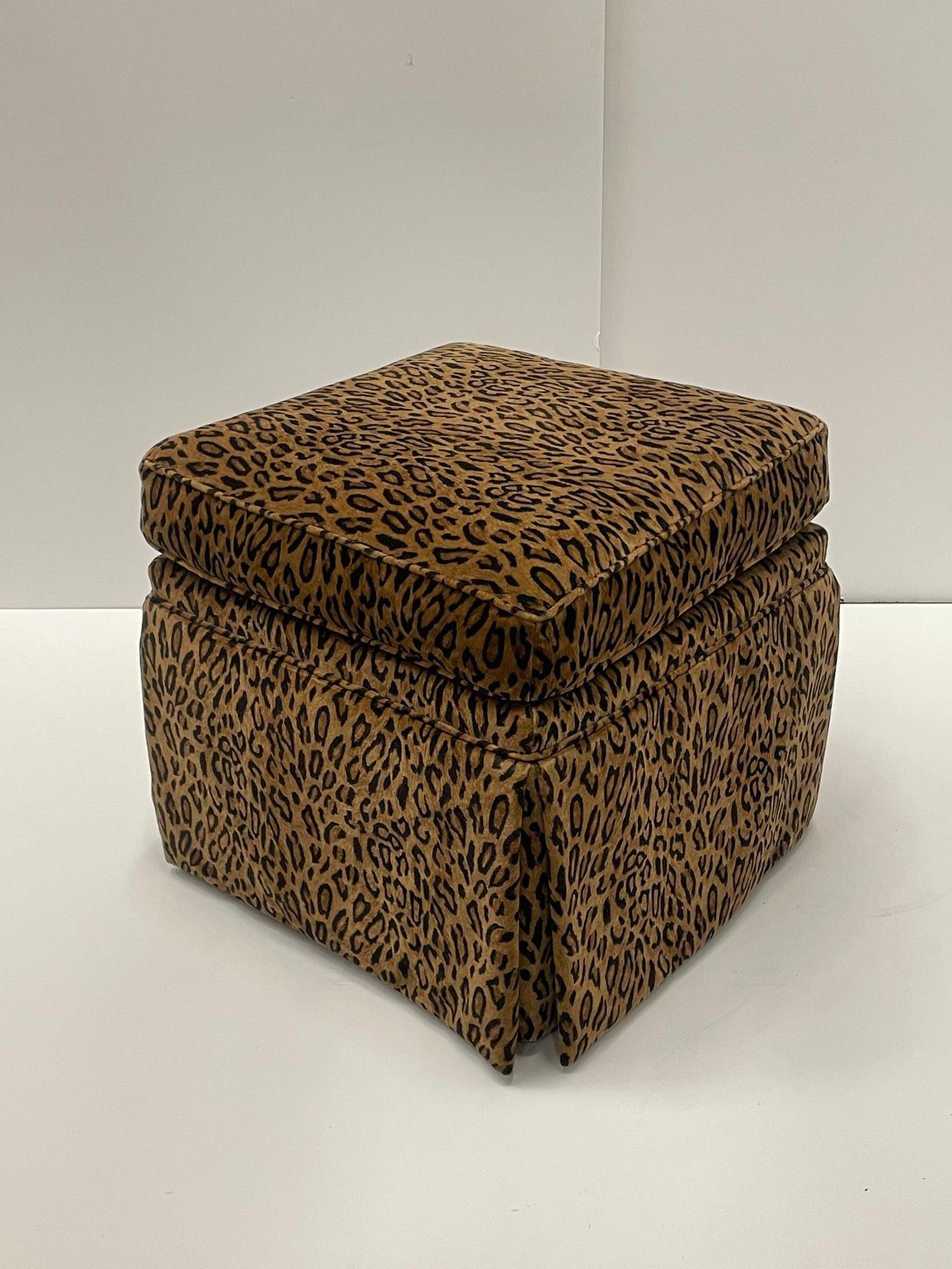 Late 20th Century Stylish Pair of Leopard Print Velvet Upholstered Ottomans