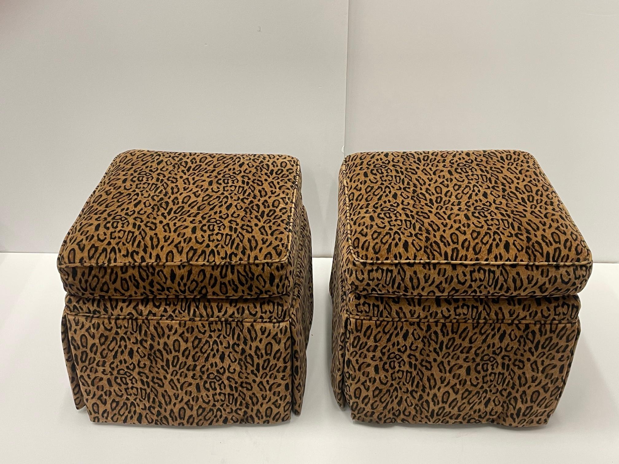 Stylish Pair of Leopard Print Velvet Upholstered Ottomans 1