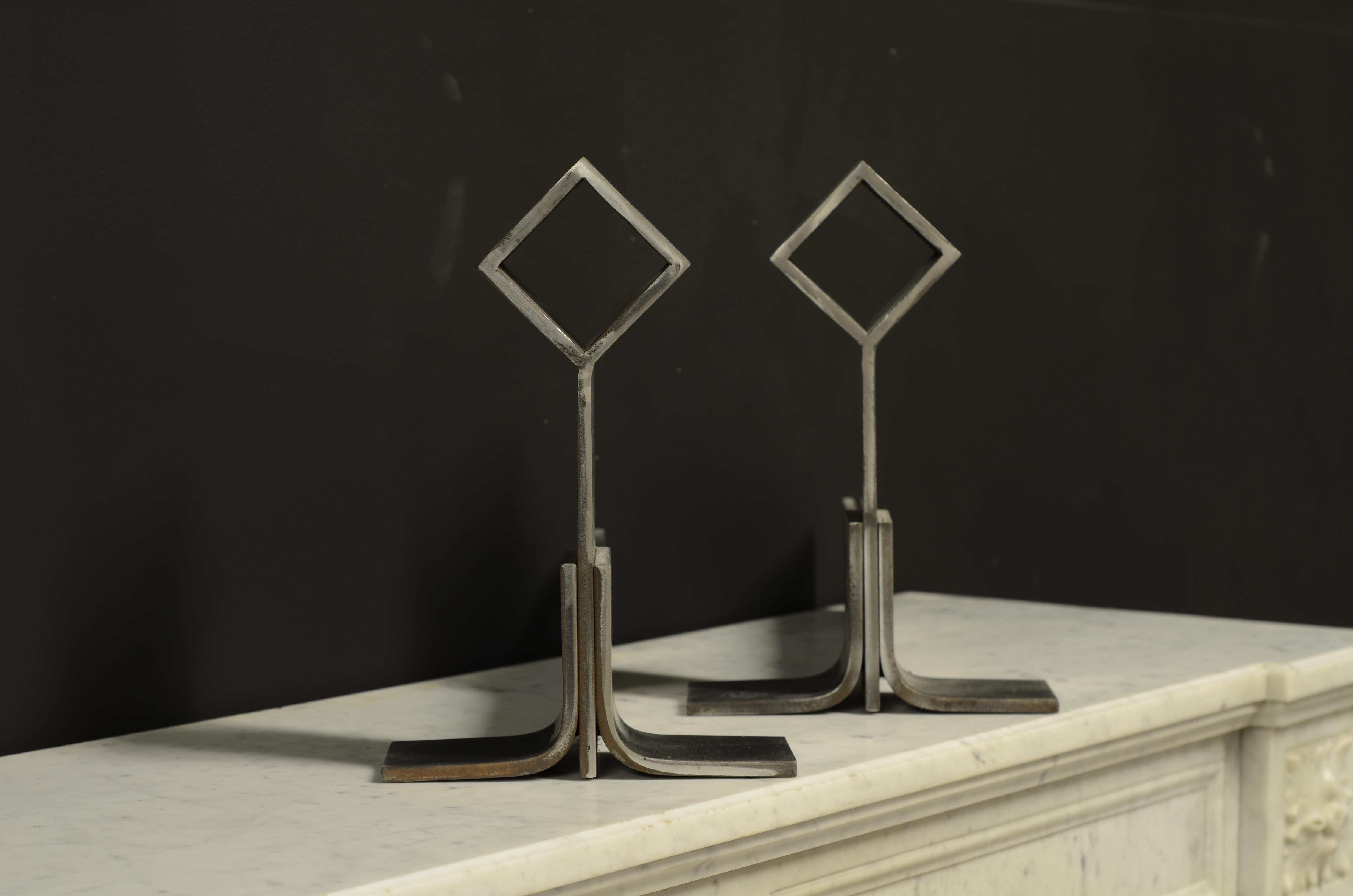 Mid-Century Modern Stylish Pair of Midcentury Brushed Steel Andirons or Firebogs