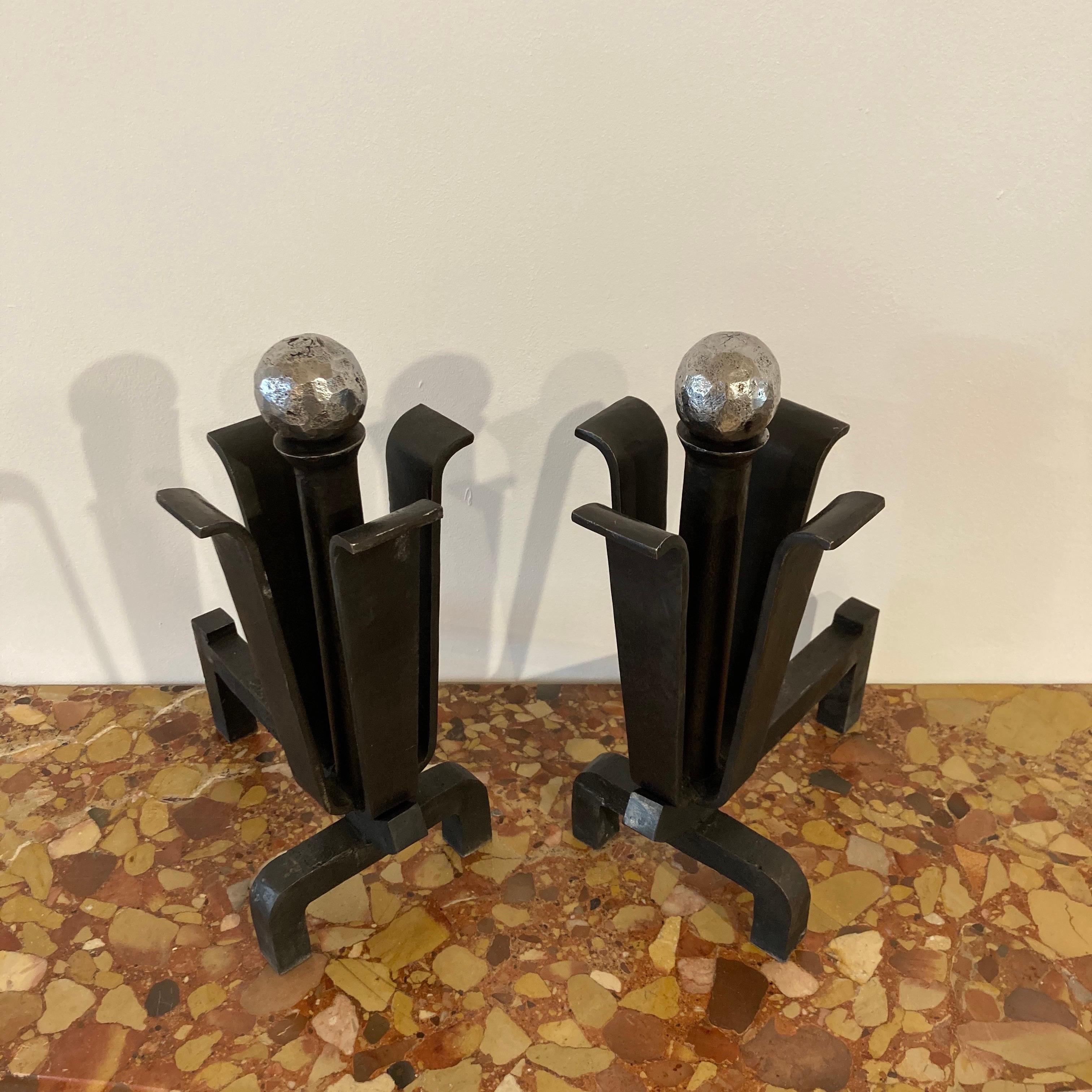 Stylish Pair of Mid-Century Modern Andirons or Firebogs For Sale 5