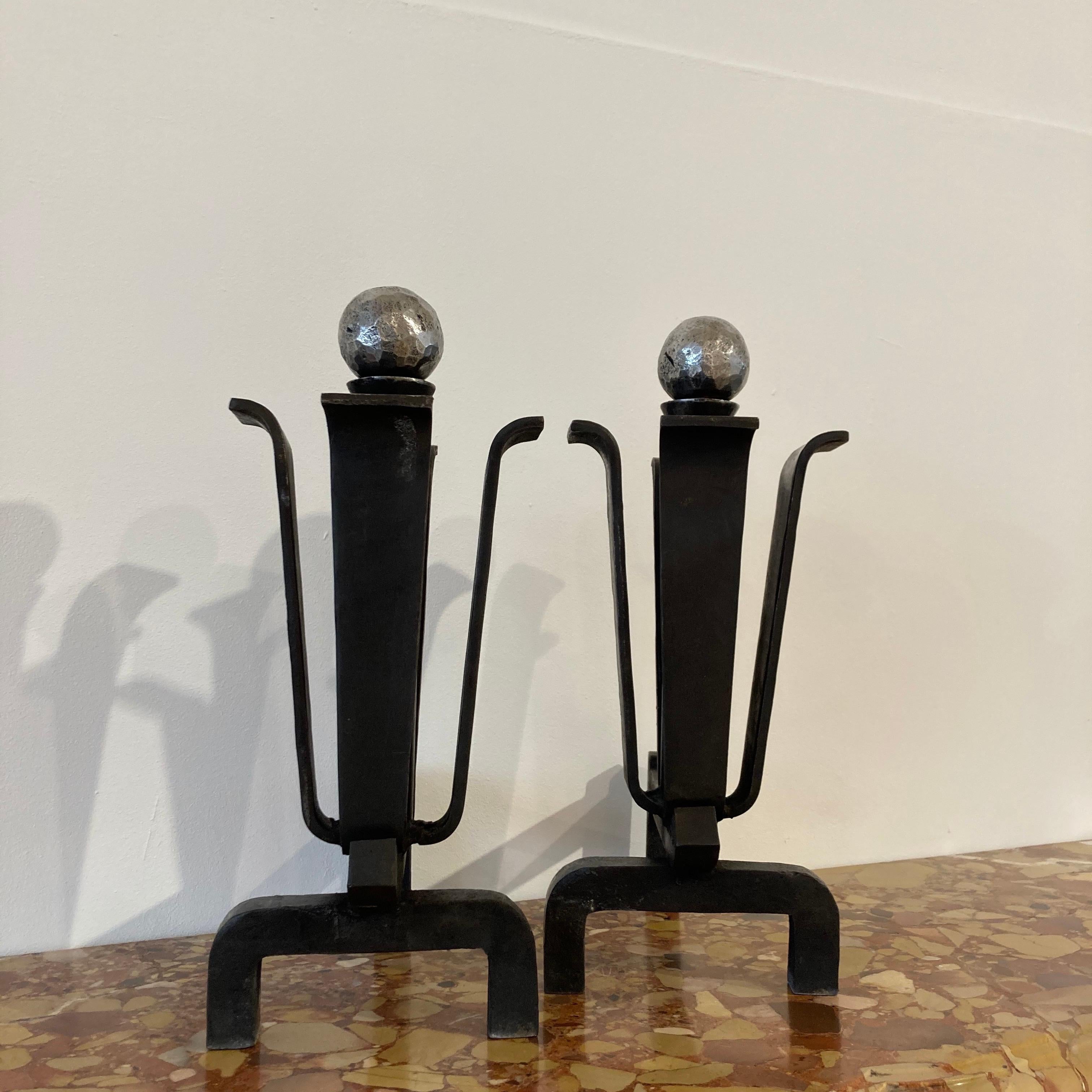 European Stylish Pair of Mid-Century Modern Andirons or Firebogs For Sale