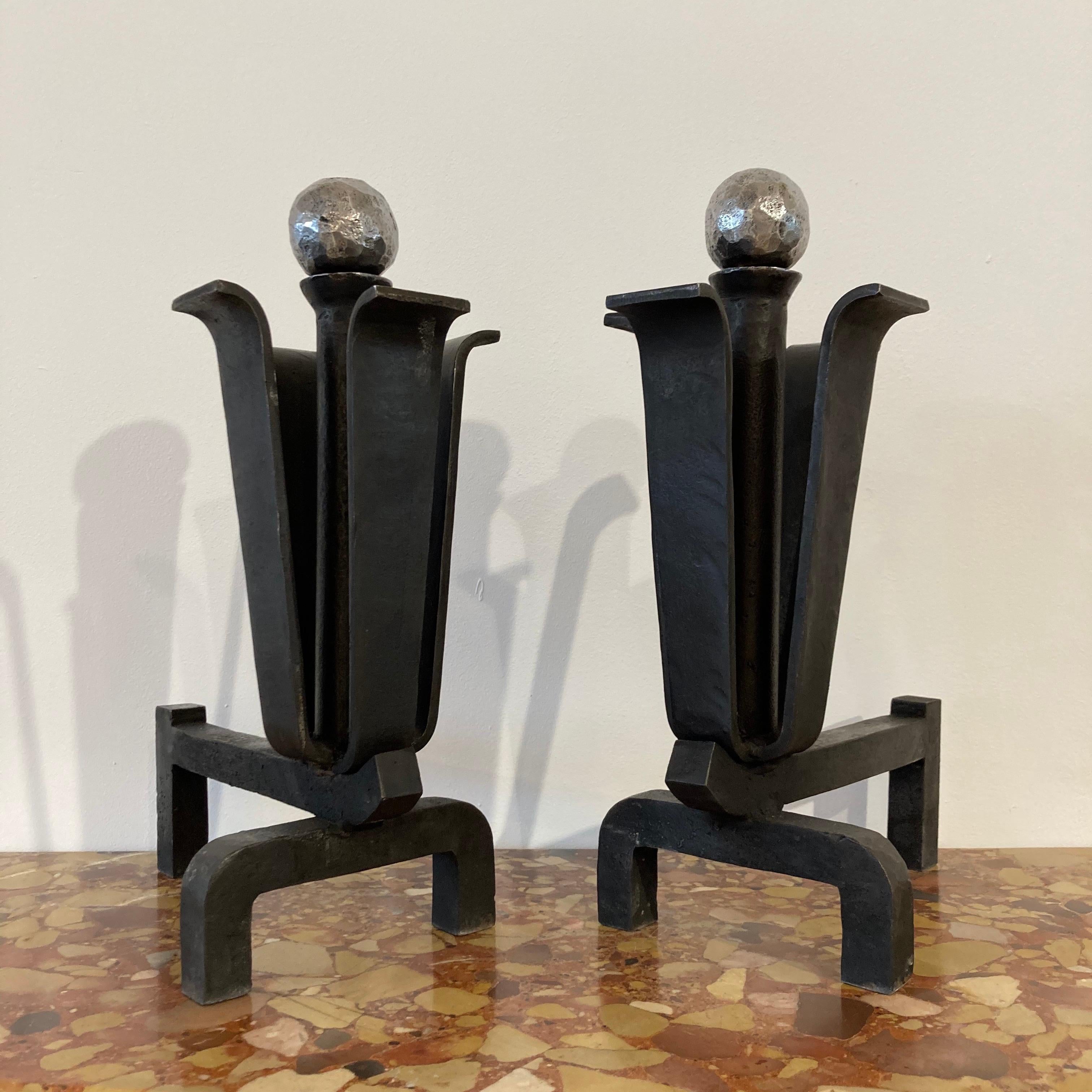 Stylish Pair of Mid-Century Modern Andirons or Firebogs For Sale 1