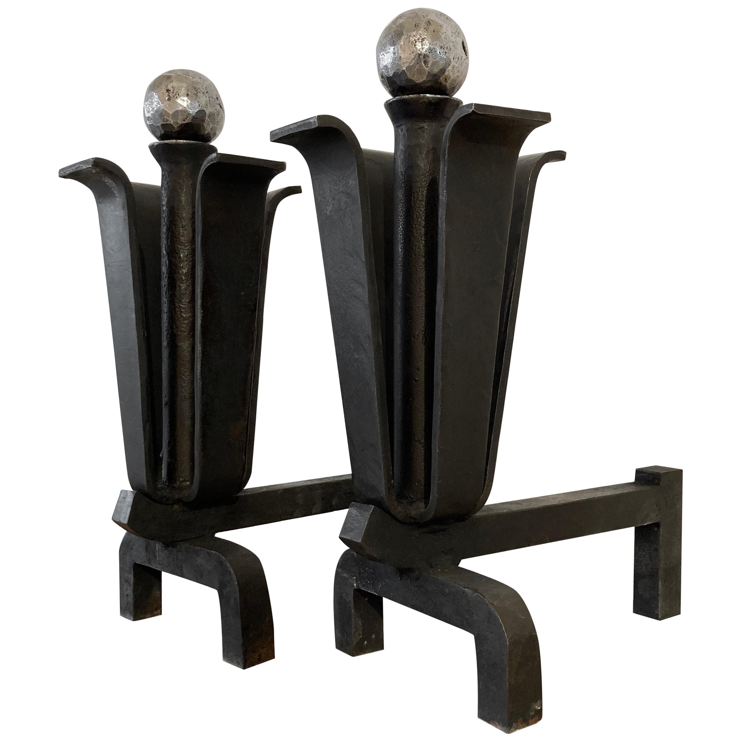 Stylish Pair of Mid-Century Modern Andirons or Firebogs For Sale
