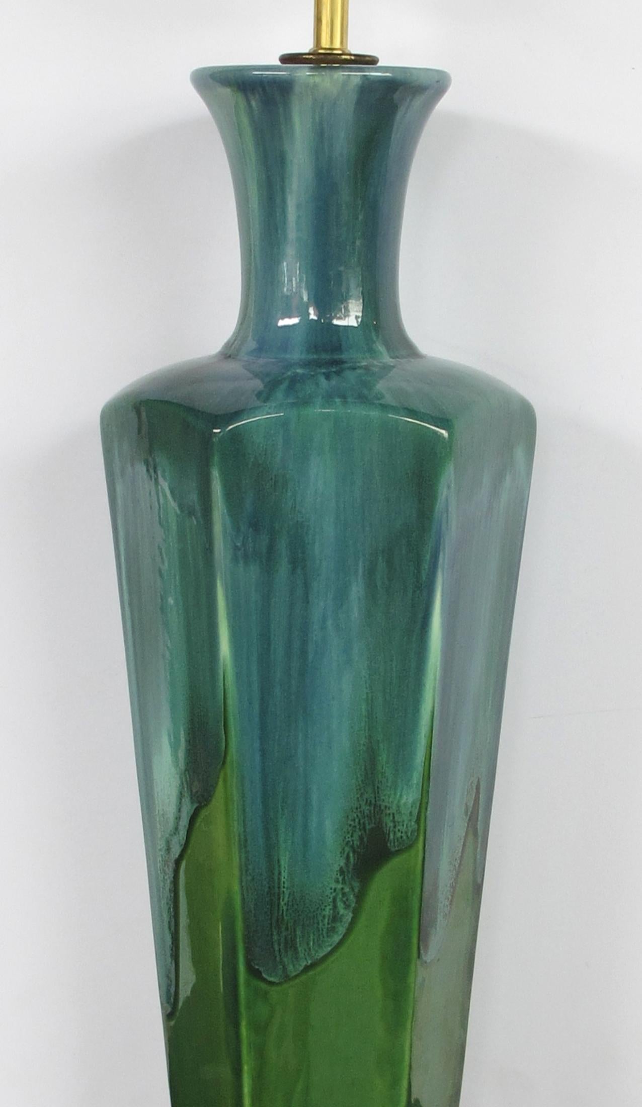 Glazed Stylish Pair of Mid-Century Modern Blue and Green Drip-Glaze Hexagonal Lamps