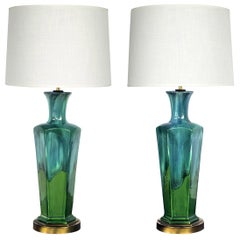 Stylish Pair of Mid-Century Modern Blue and Green Drip-Glaze Hexagonal Lamps