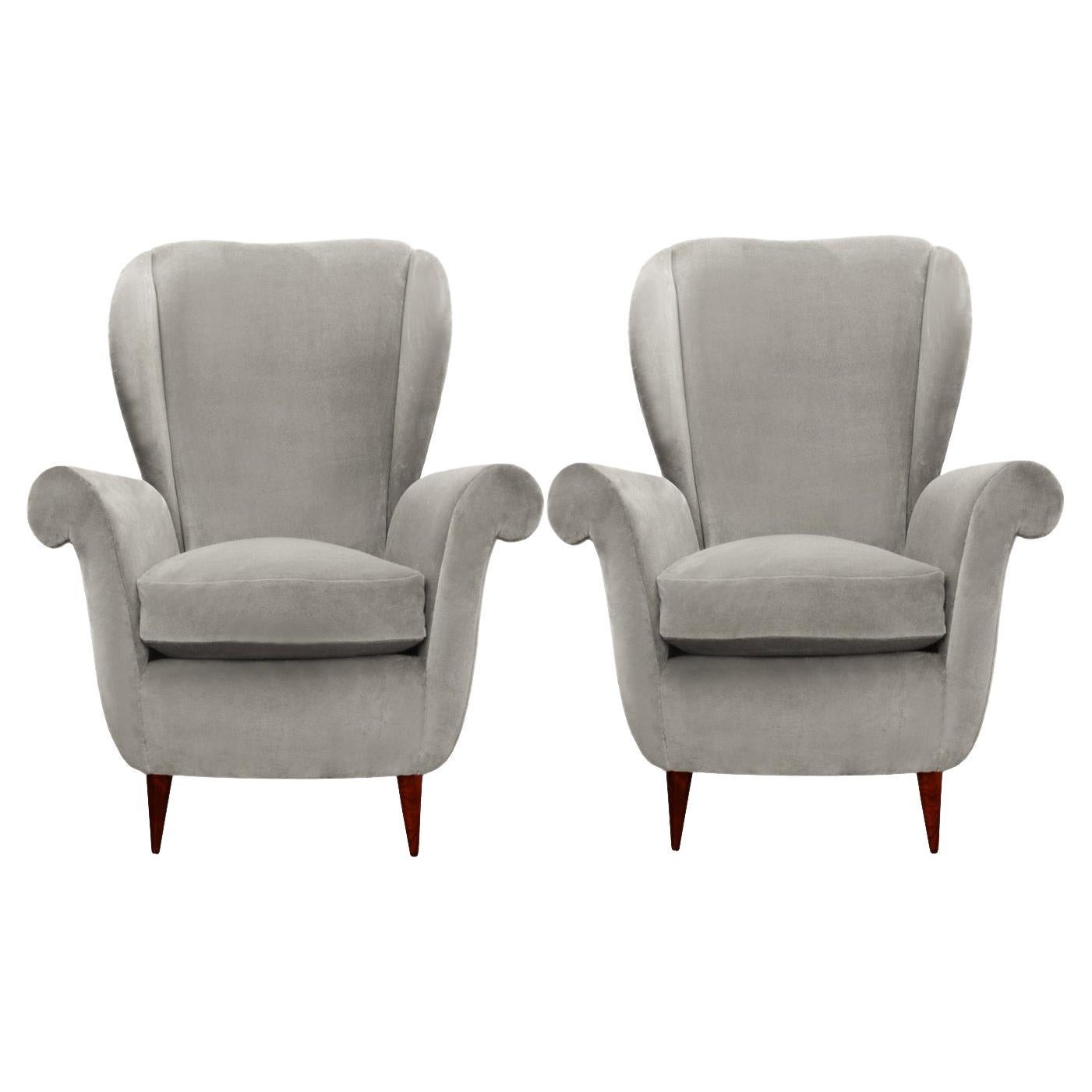 Stylish Pair of Mid-Century Modern High Back Wing Chairs, 1950s For Sale