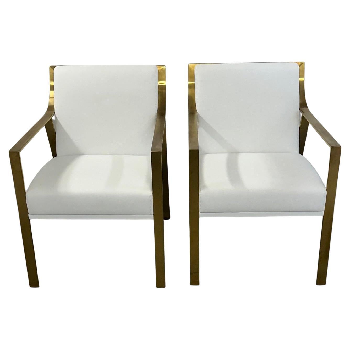 Stylish Pair of Modern White Faux Leather & Gold Metal Club Chairs
