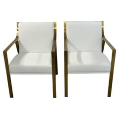 Stylish Pair of Modern White Faux Leather & Gold Metal Club Chairs